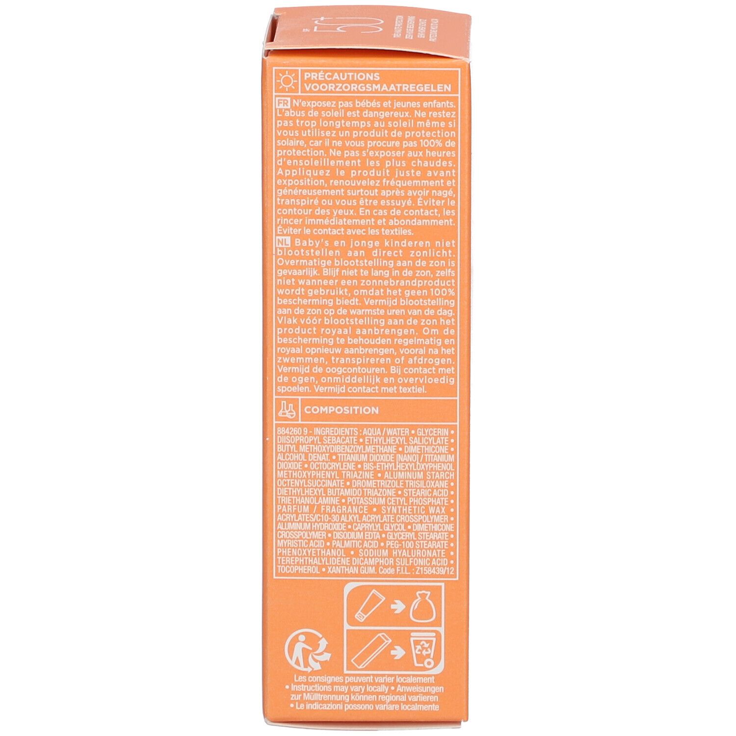 Sonnencreme-Verpackung. Text: Vorsichtsmaßnahmen. Orangefarbener Hintergrund.