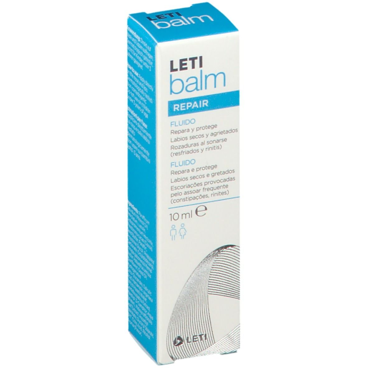 Scatola LETI balm REPAIR Fluido. Confezione blu e bianca. Contiene 10 ml. Testo in spagnolo e portoghese.