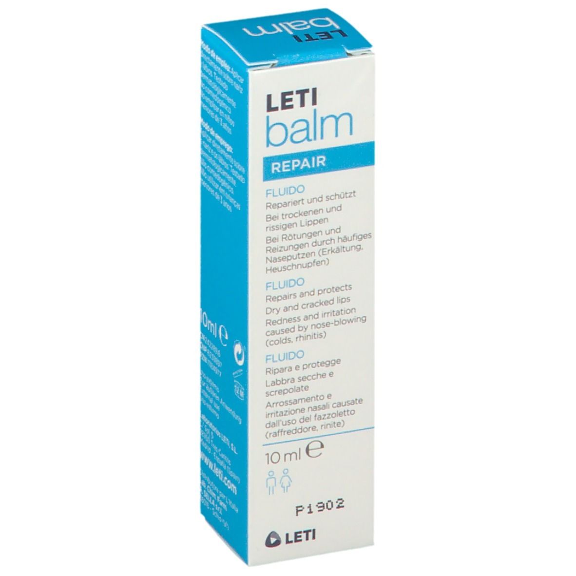 Scatola LETI balm REPAIR Fluido. Confezione blu e bianca. Contiene 10 ml. Testo in tedesco, inglese, spagnolo e portoghese.