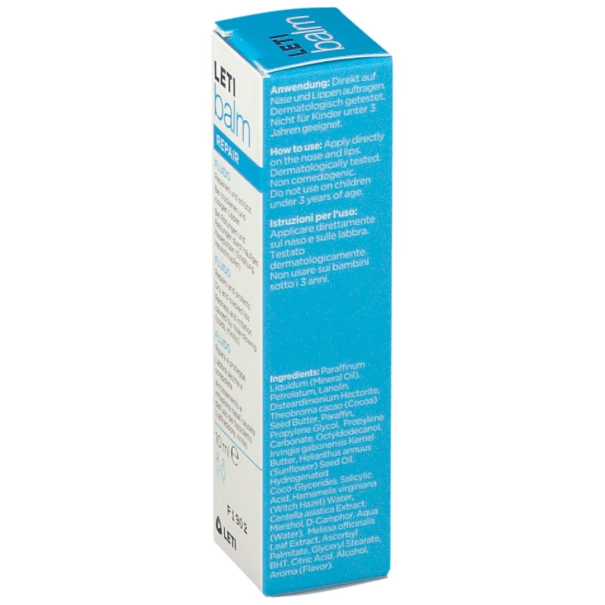 Retro della confezione LETI balm REPAIR Fluido. Contiene informazioni sull'uso e gli ingredienti. 10 ml.