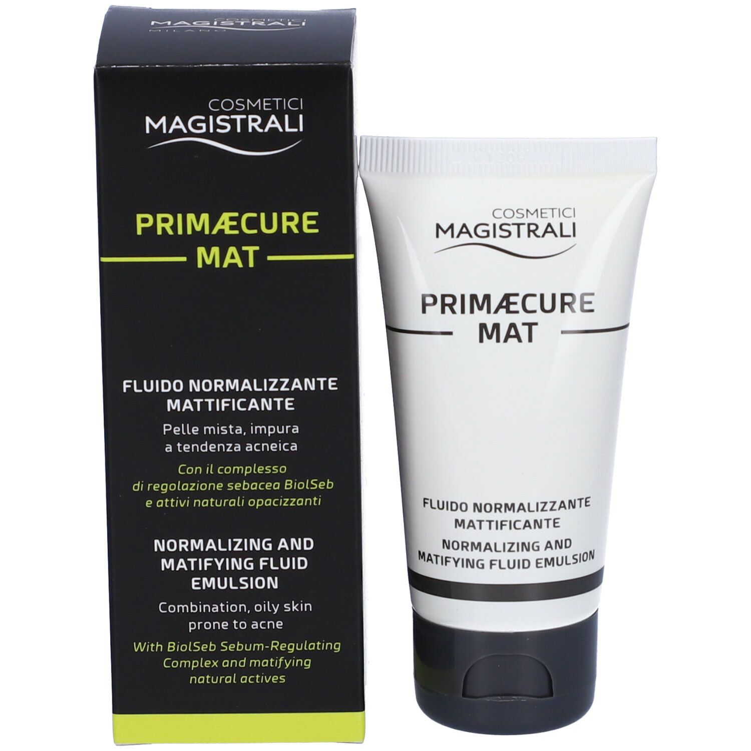 Confezione del prodotto: tubo e scatola. Scritta: Cosmetici Magistrali, Primæcure Mat, Fludo normalizzante mattificante.
