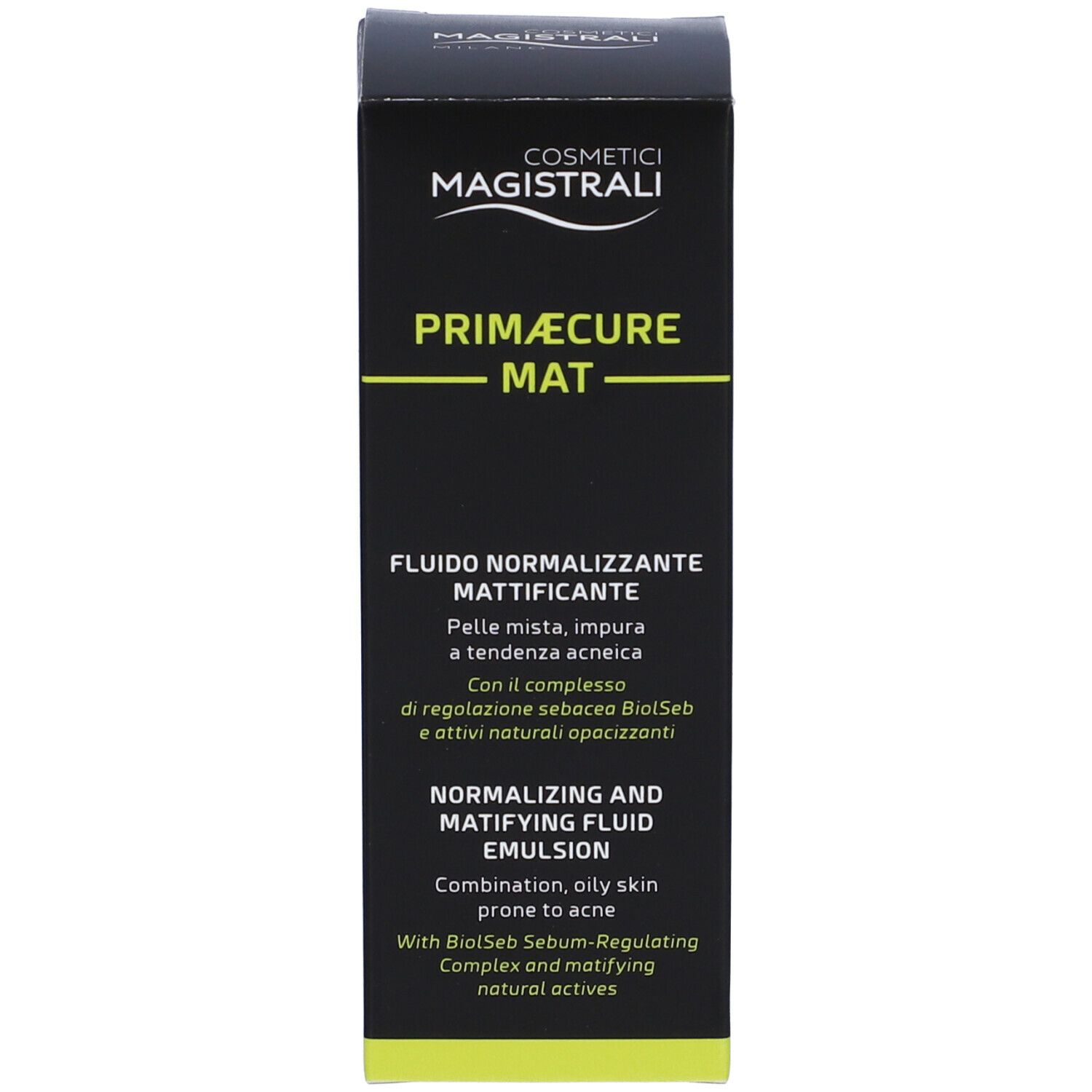Scatola nera. Scritta: Cosmetici Magistrali, Primæcure Mat, Fludo normalizzante mattificante. Testo per pelli miste.