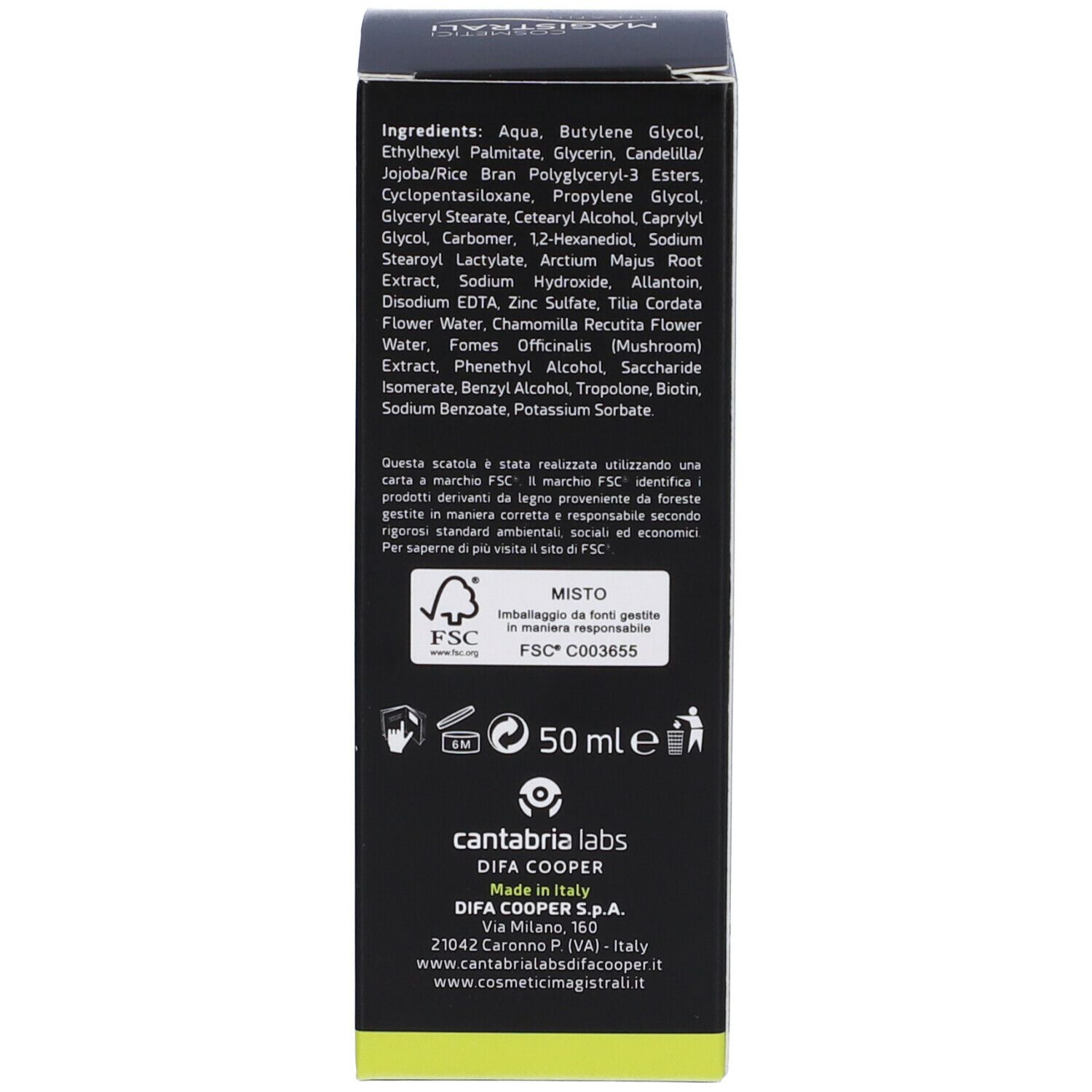 Lato della scatola. Testo: ingredienti, logo FSC, 50 ml, Cantabria Labs, Difa Cooper.