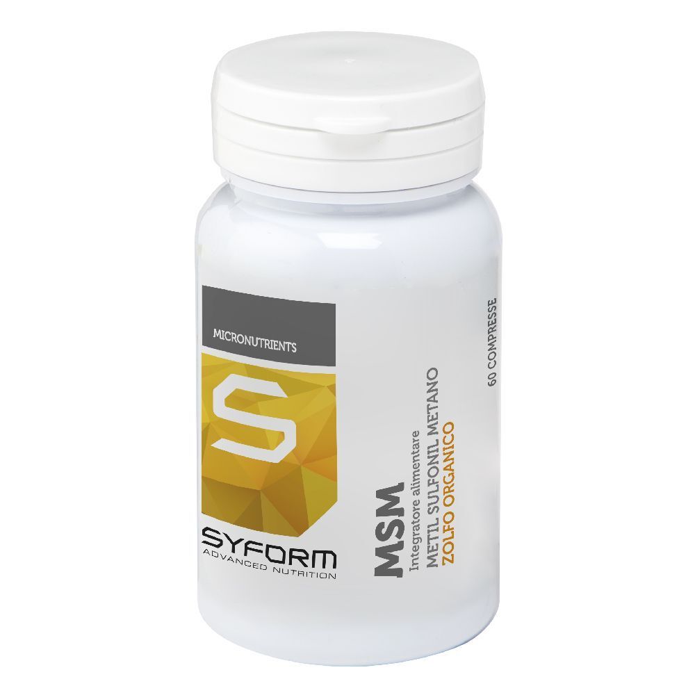 Flacone bianco con compresse. Scritta: MSM, Syform, 60 compresse. Etichetta con logo e testo.