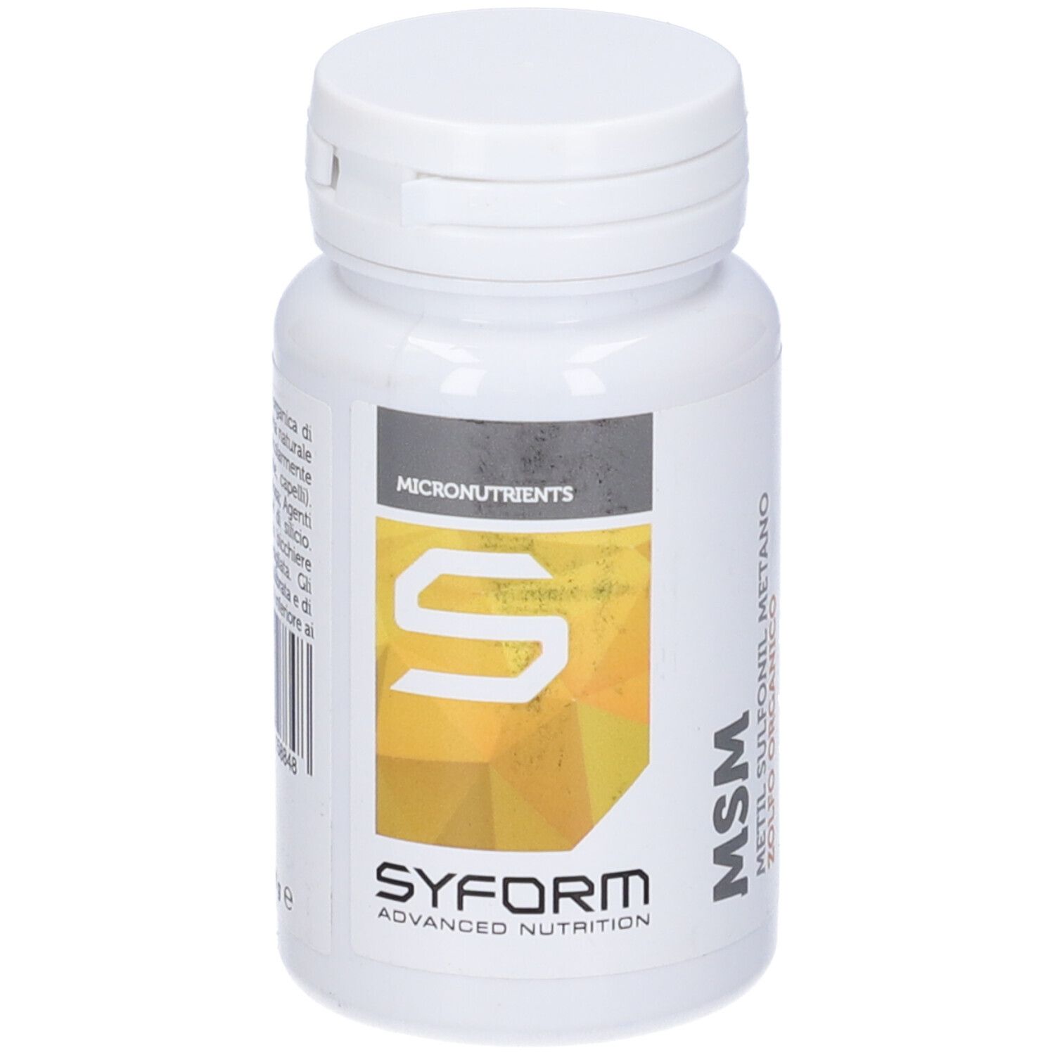 Flacone bianco con compresse. Scritta: MSM, Syform. Etichetta con logo e testo. Codice a barre.