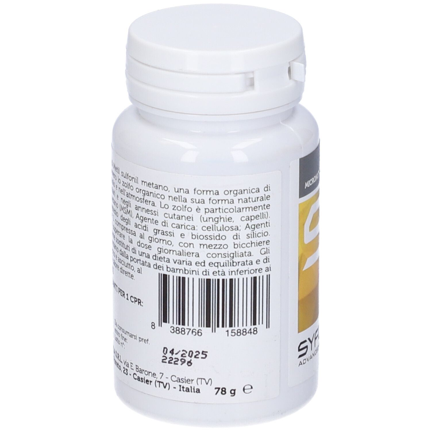 Retro di un flacone bianco con compresse. Testo e codice a barre. Scritta: 78 g.