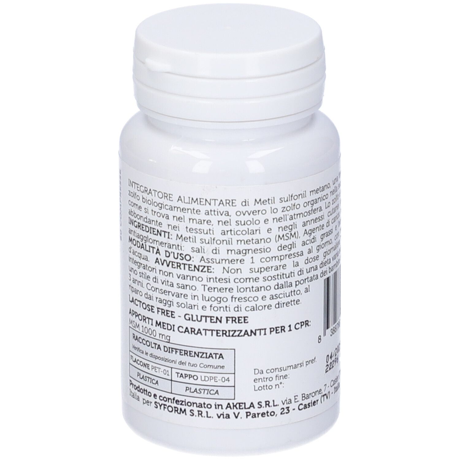 Retro di un flacone bianco con compresse. Testo e codice a barre. Scritta: Senza lattosio, Senza glutine.
