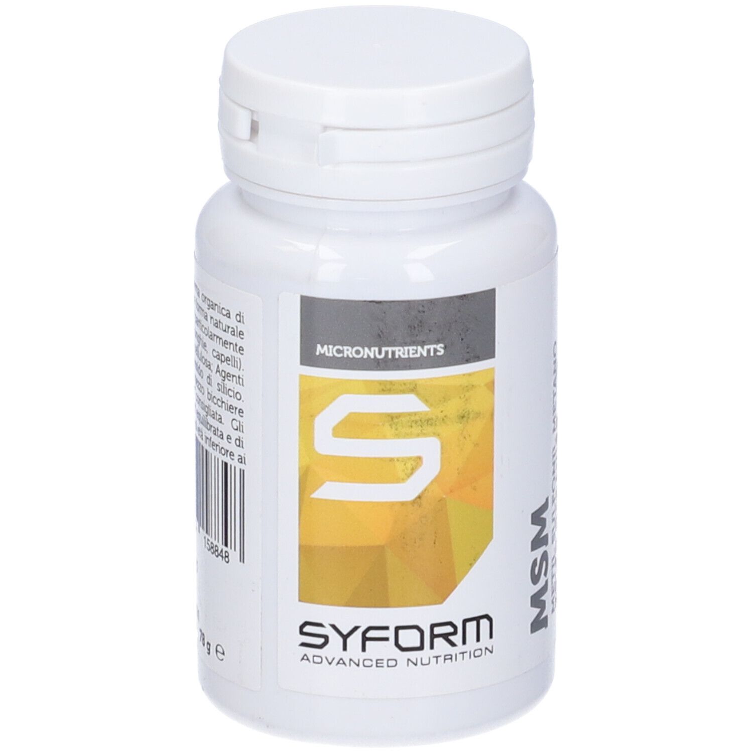 Flacone bianco con compresse. Scritta: MSM, Syform. Etichetta con logo e testo.
