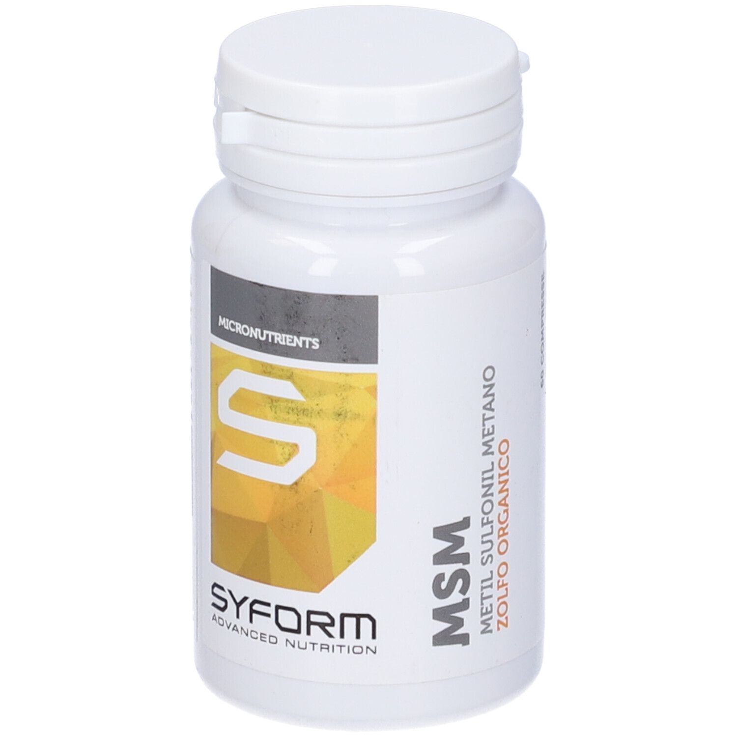 Flacone bianco con compresse. Scritta: MSM, Syform. Etichetta con logo e testo.