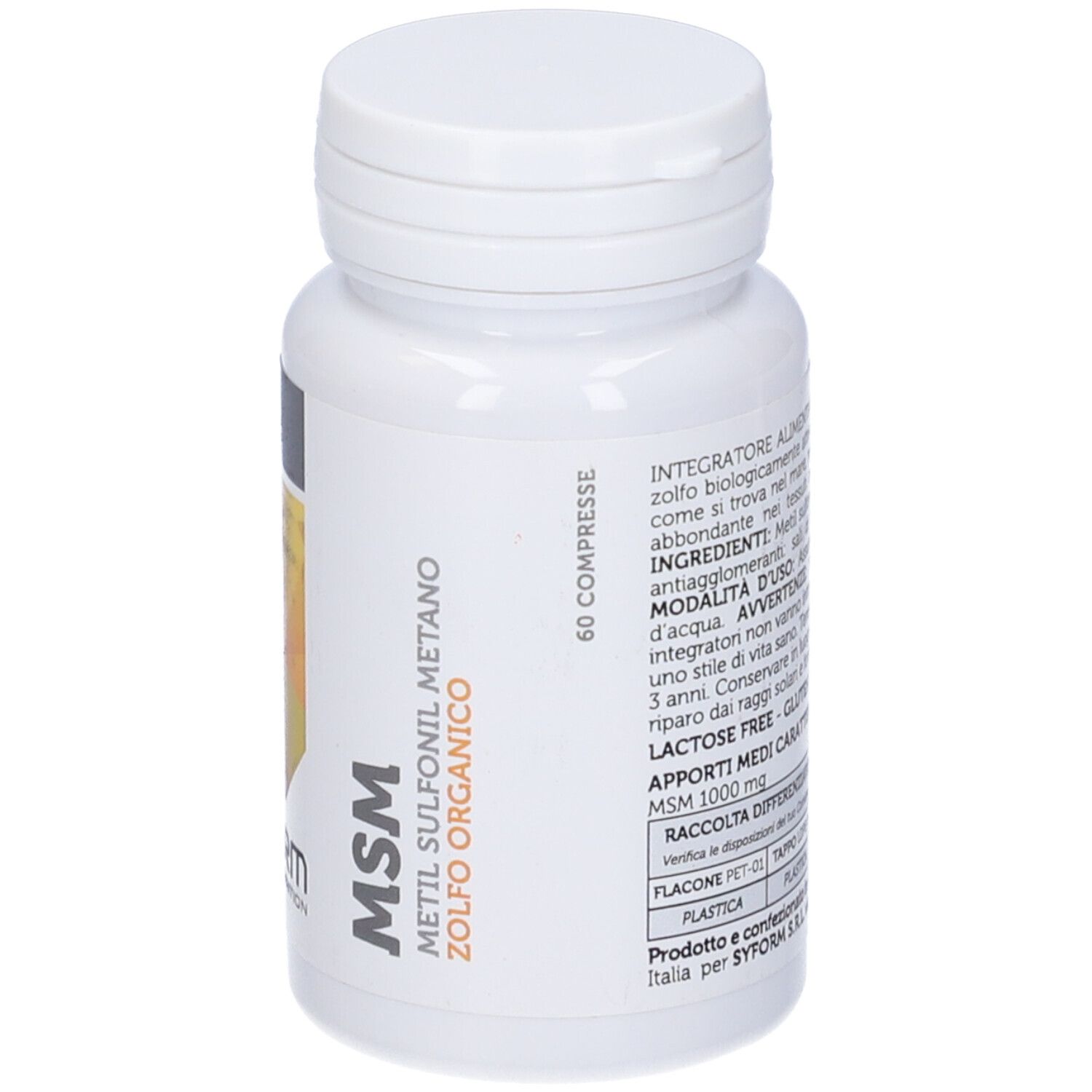 Flacone bianco con compresse. Scritta: MSM, 60 compresse. Etichetta con testo e logo.