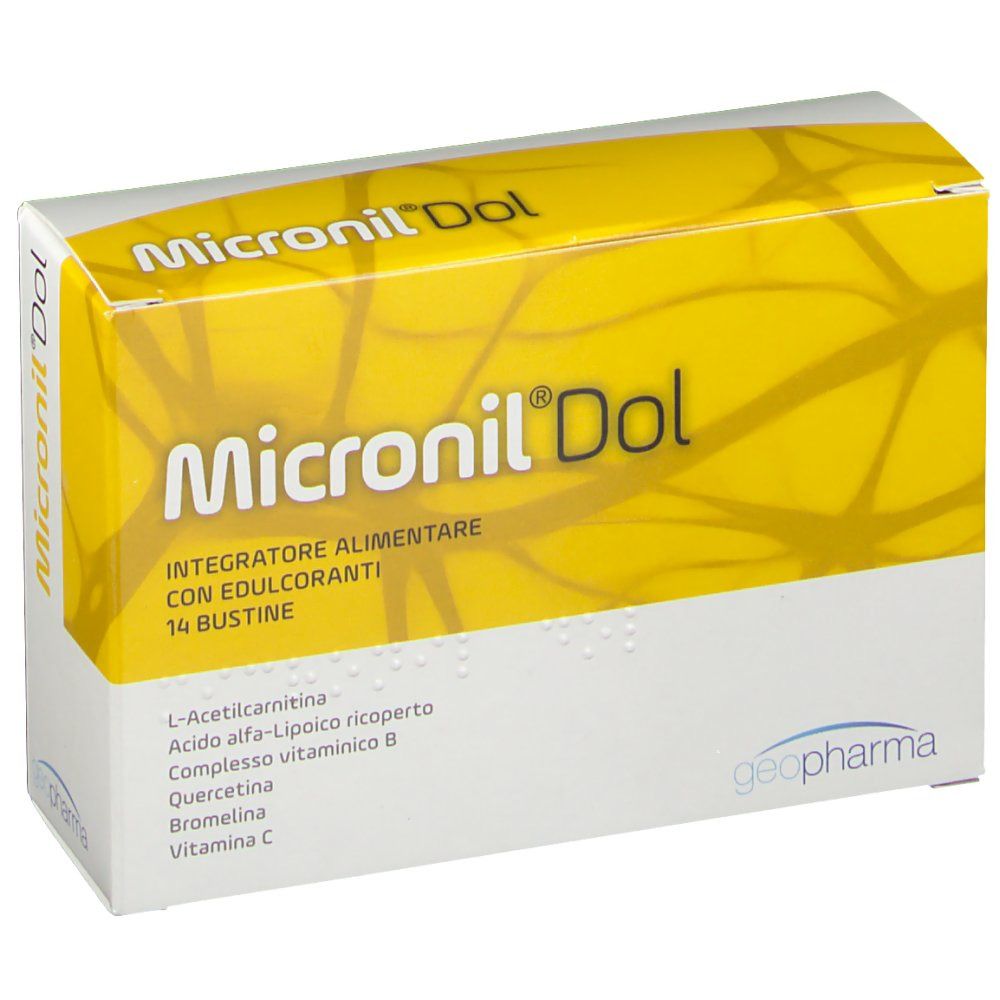 Scatola "Micronil Dol". Confezione gialla con elementi bianchi e gialli. Contiene 14 bustine.
