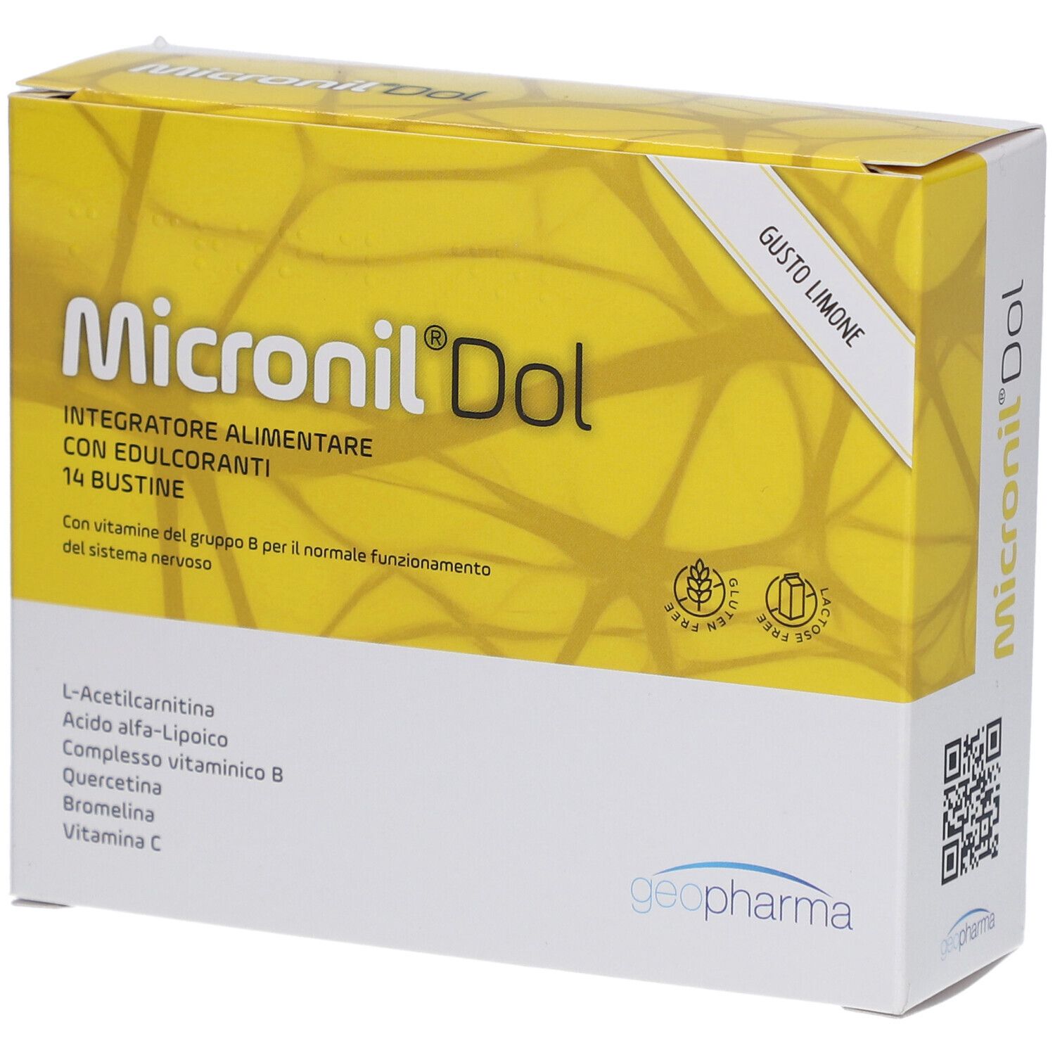 Scatola "Micronil Dol" gusto limone. Confezione gialla con elementi bianchi e gialli. 14 bustine.