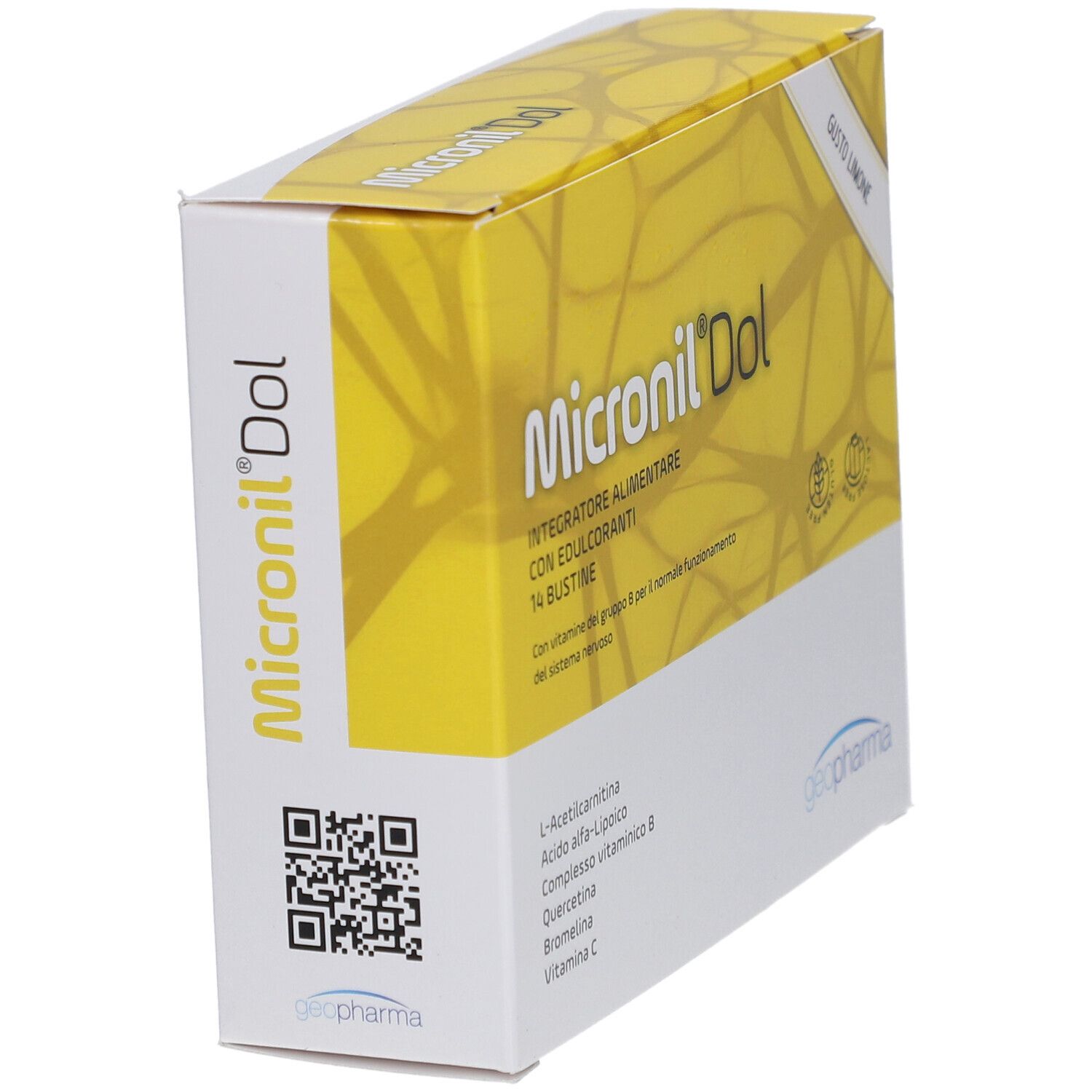 Scatola "Micronil Dol" gusto limone. Confezione gialla con design bianco e giallo. Vista angolata.