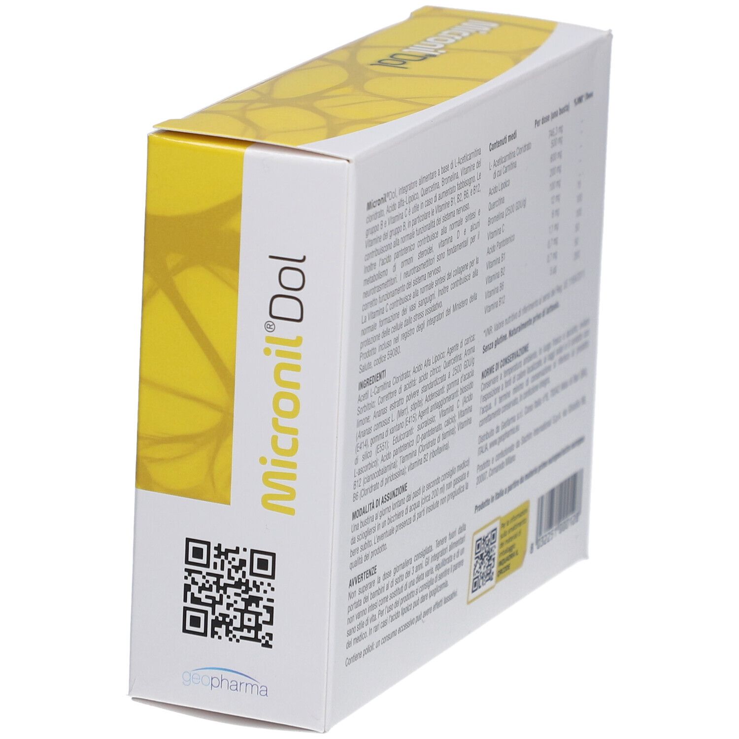 Scatola "Micronil Dol" gusto limone. Vista angolata della confezione con informazioni.