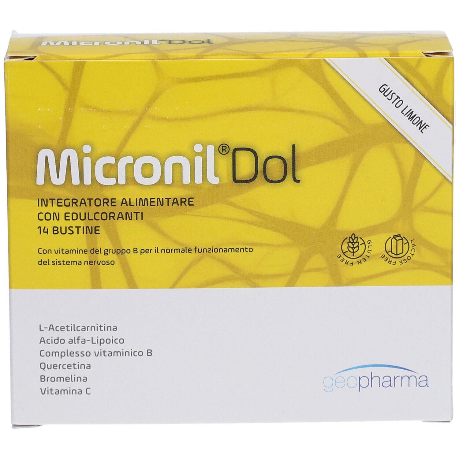 Scatola "Micronil Dol" gusto limone. Confezione gialla con elementi bianchi e gialli. 14 bustine.