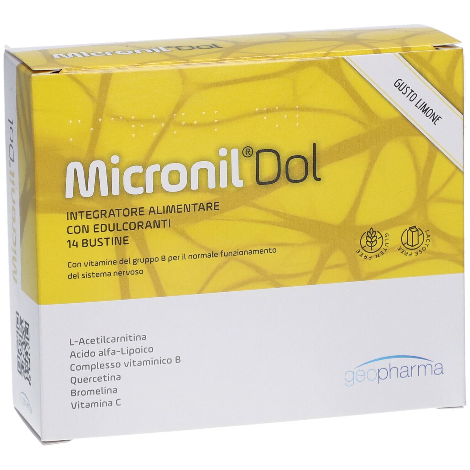 Scatola "Micronil Dol" gusto limone. Confezione gialla con elementi bianchi e gialli. 14 bustine.