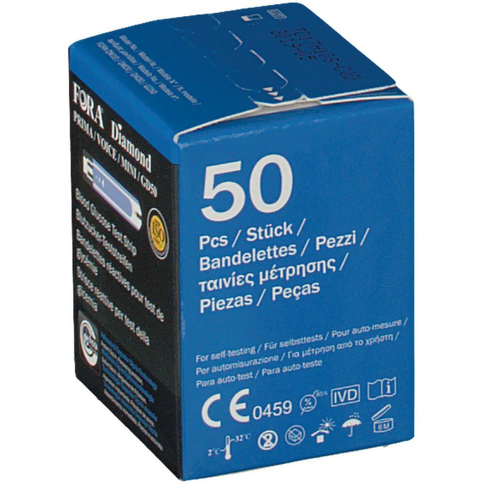 Scatola blu con 50 strisce. Marchio FORA Diamond. Scritta: 50 pezzi, marchio CE.