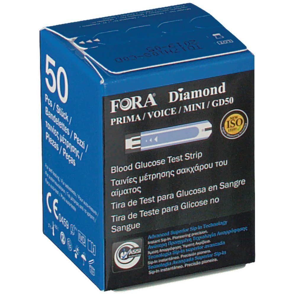 Scatola blu, FORA Diamond, 50 strisce. Scritta: 50 pezzi, marchio CE, certificazione ISO.