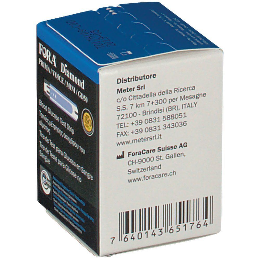 Scatola bianca e blu. FORA Diamond. Scritta: indirizzo del produttore, codice a barre, certificazione ISO.