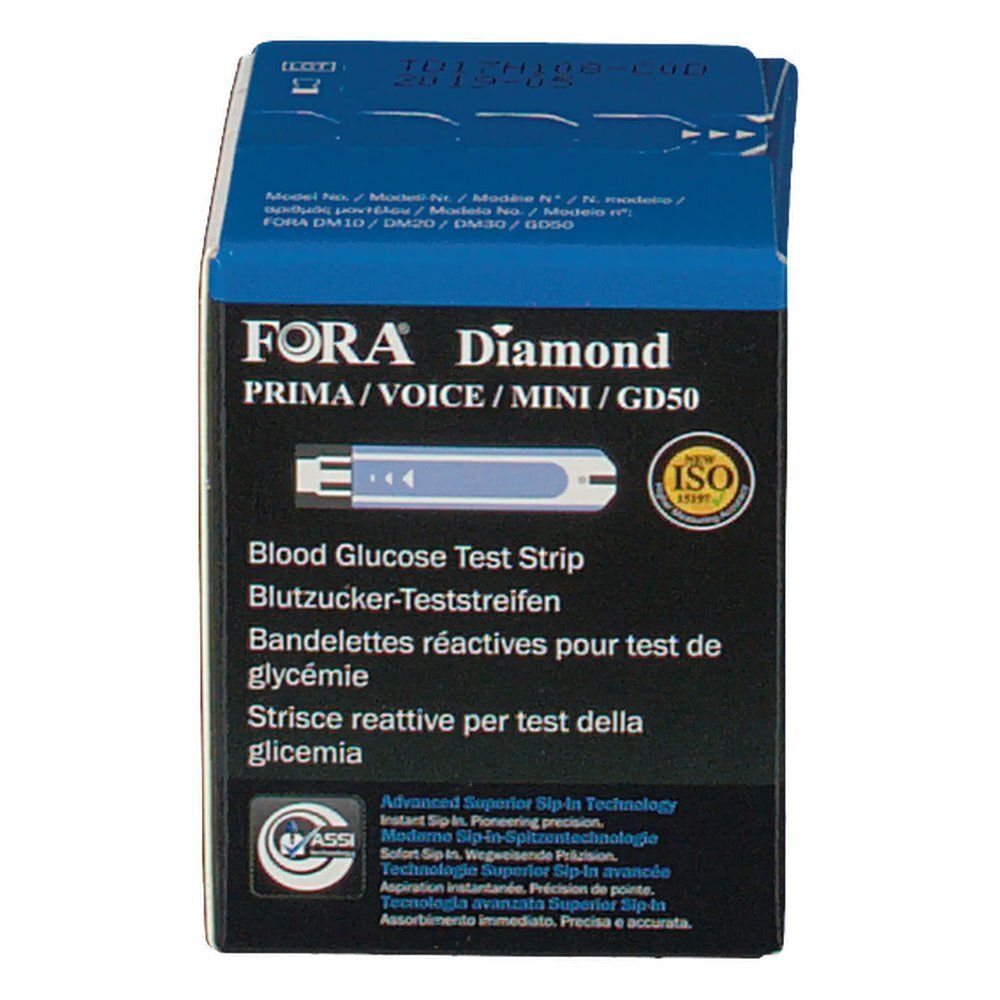 Scatola blu, FORA Diamond, strisce. Scritta: strisce reattive per glicemia, certificazione ISO.