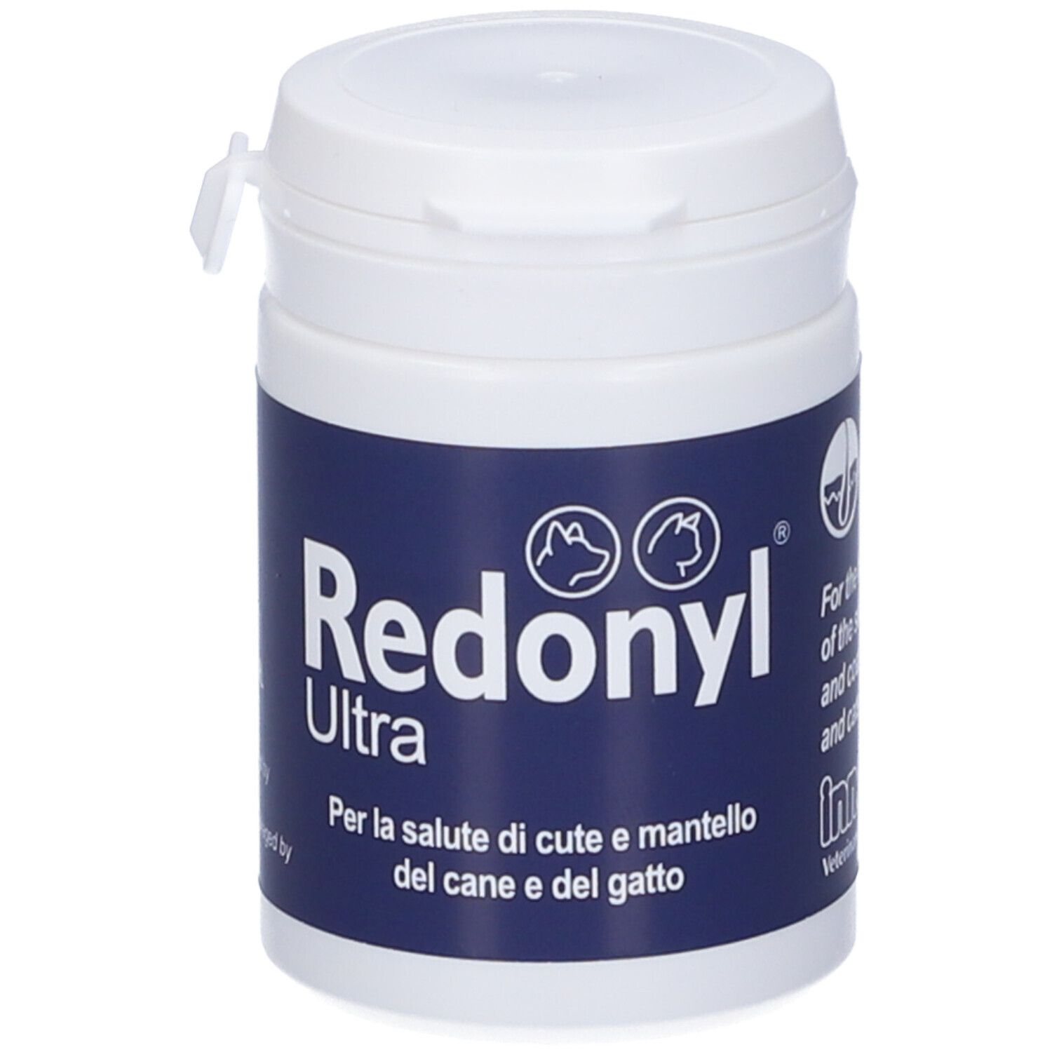 Barattolo bianco con etichetta blu. Scritta Redonyl Ultra. Per cani e gatti. Coperchio con chiusura.