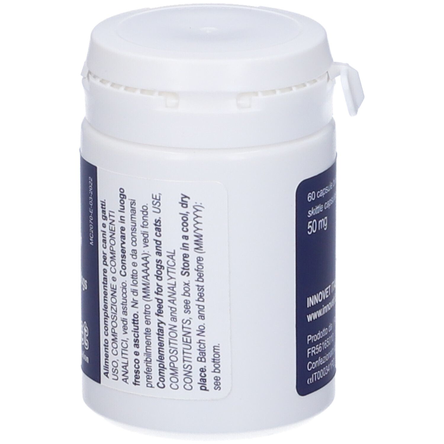 Barattolo bianco con etichetta blu. Scritta Redonyl Ultra. Per cani e gatti. Coperchio con chiusura.