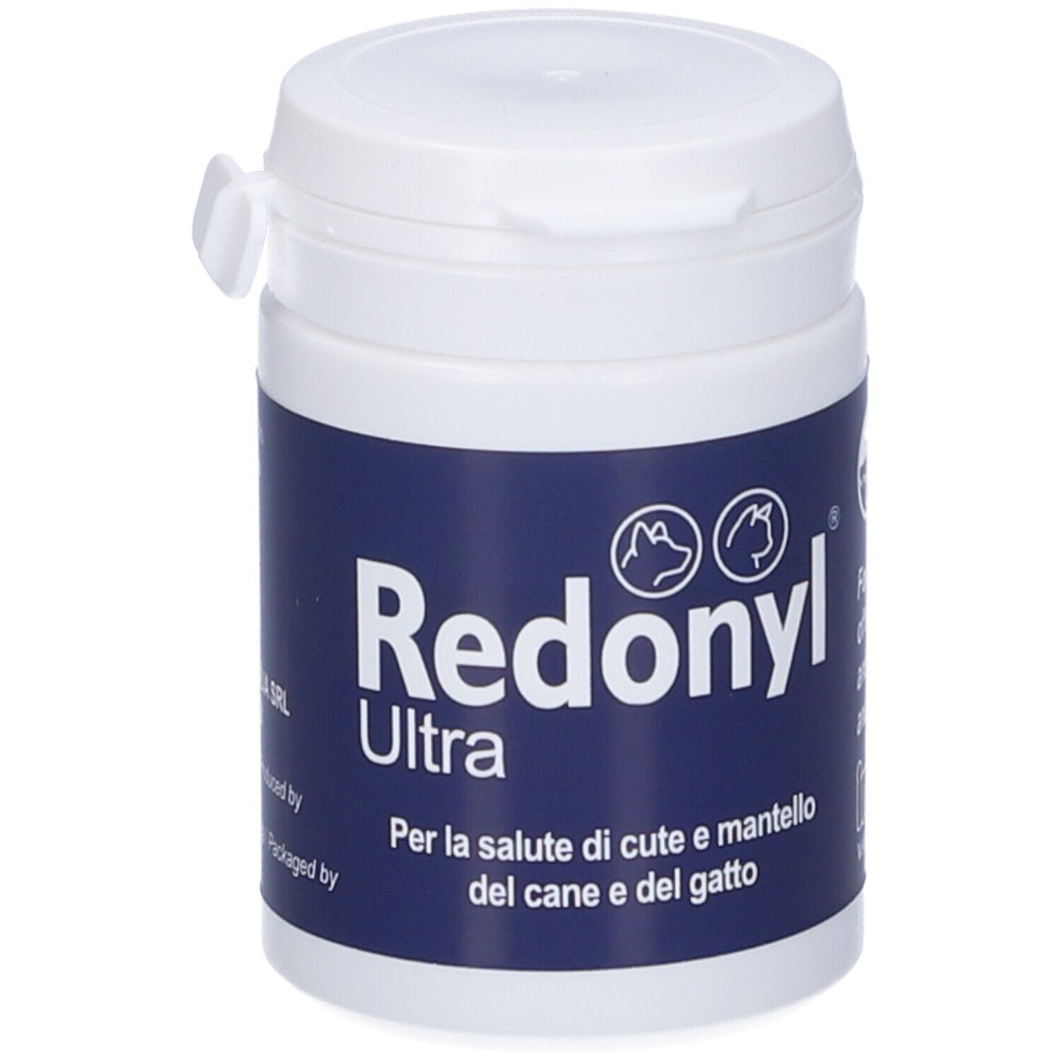 Barattolo bianco con etichetta blu. Scritta Redonyl Ultra. Per cani e gatti. Coperchio con chiusura.