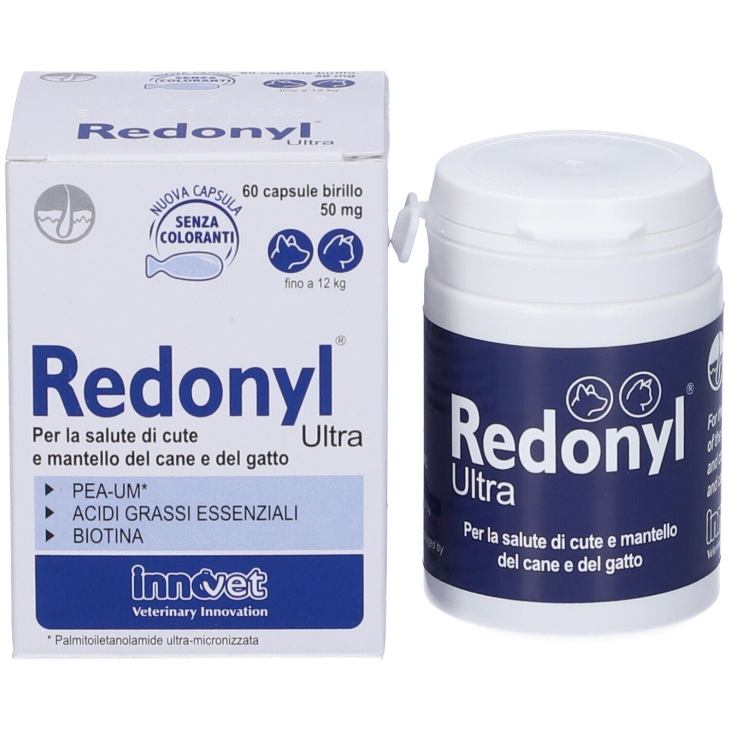 Confezione del prodotto: barattolo e scatola. Scritta Redonyl Ultra. Per cani e gatti. 60 capsule.