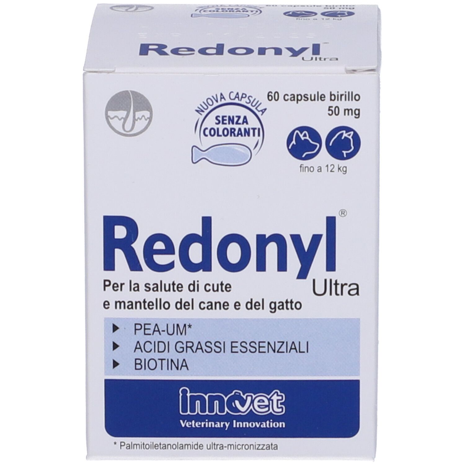 Confezione del prodotto: scatola. Scritta Redonyl Ultra. Per cani e gatti. 60 capsule.