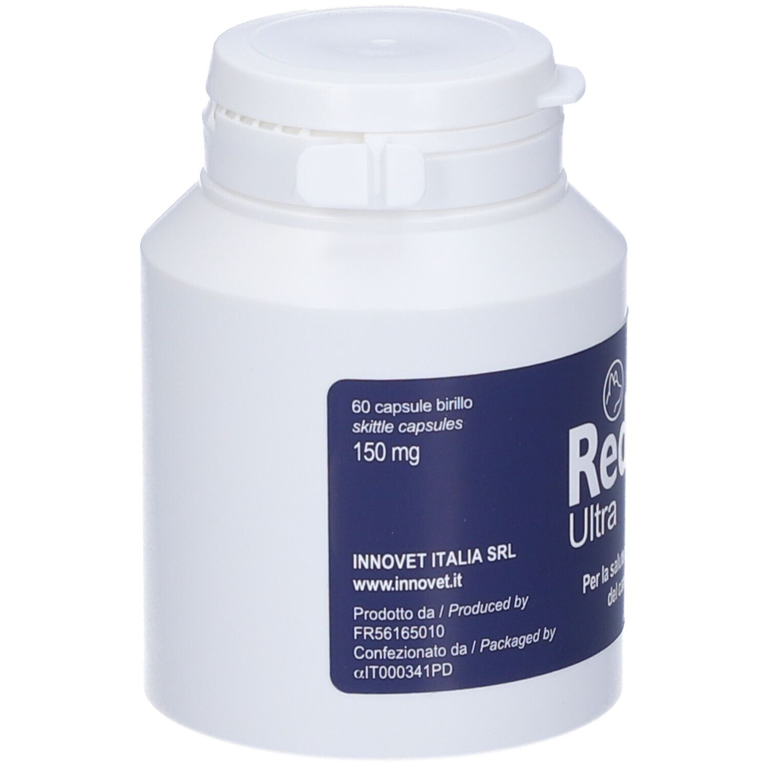 Flacone bianco con etichetta blu. Scritta Redonyl Ultra. Testo: 60 capsule birillo 150 mg. Etichetta con informazioni. Coperchio.