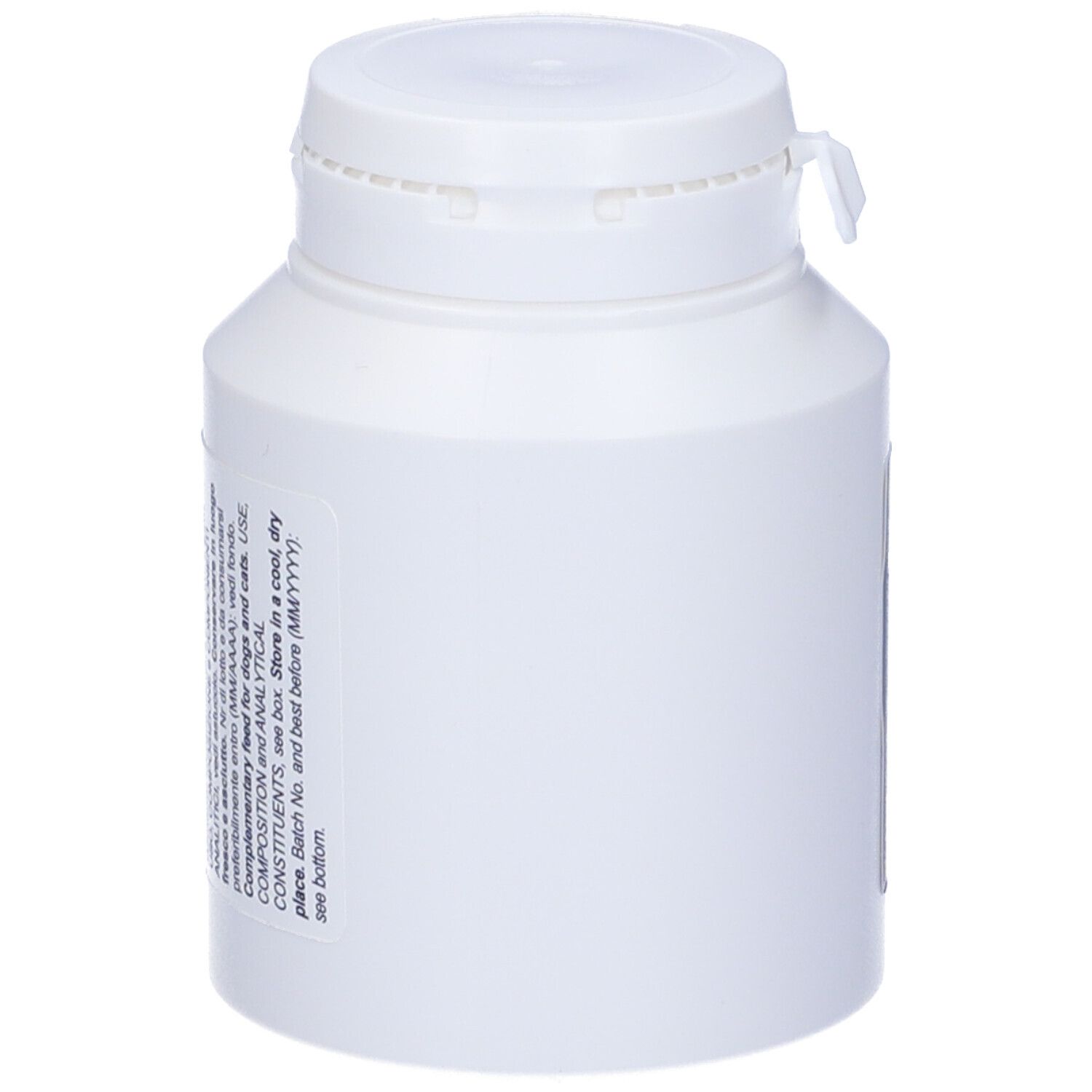 Flacone bianco con coperchio bianco. Nessuna etichetta visibile. Retro con testo. Coperchio con chiusura.