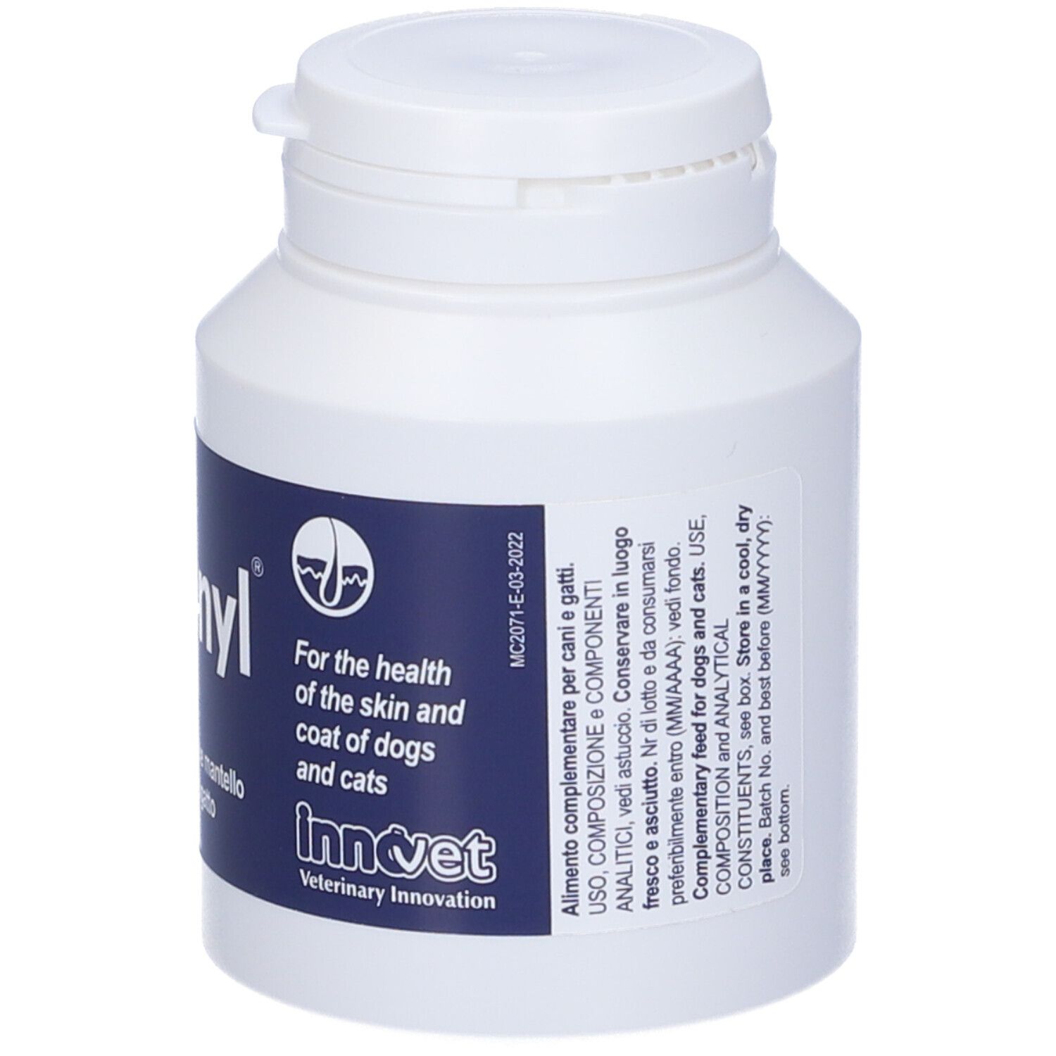 Flacone bianco con etichetta blu. Scritta Redonyl Ultra. Testo: For the health of the skin and coat of dogs and cats. Coperchio.