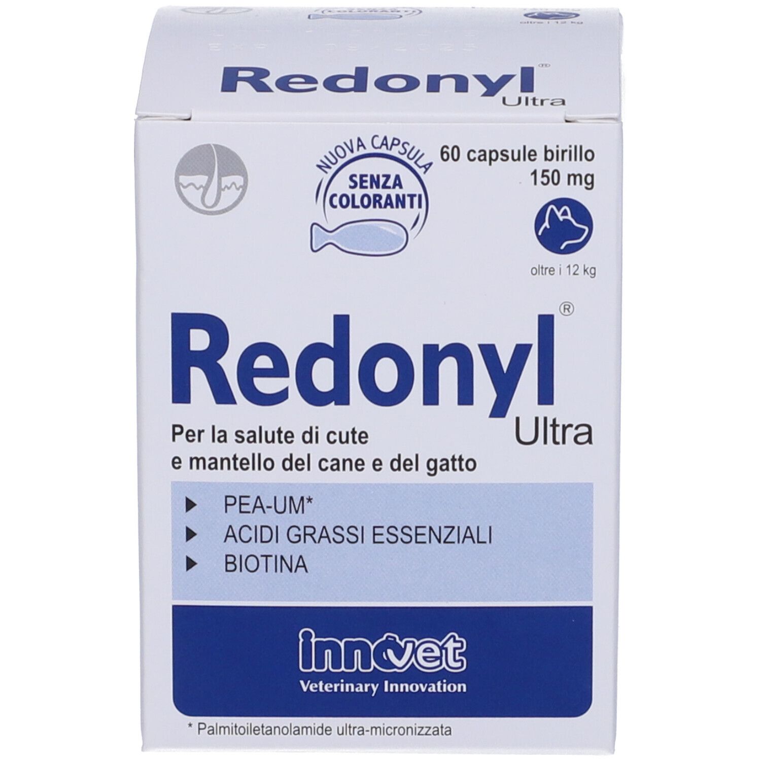 Scatola bianca con scritta Redonyl Ultra. Testo: Per la salute di cute e mantello del cane e del gatto. Capsule. Ingredienti.