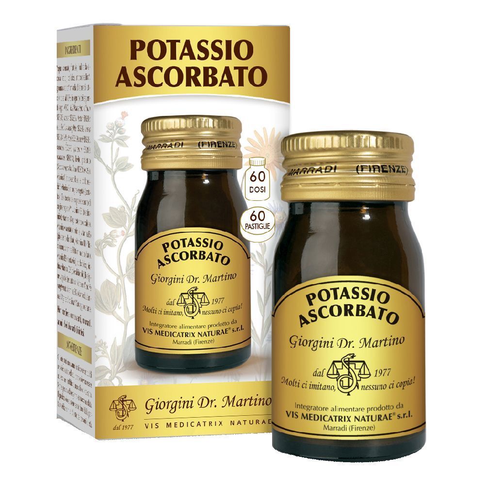 Flacone di vetro marrone con etichetta. Scritta: Potassio Ascorbato, Giorgini Dr. Martino. Con confezione.