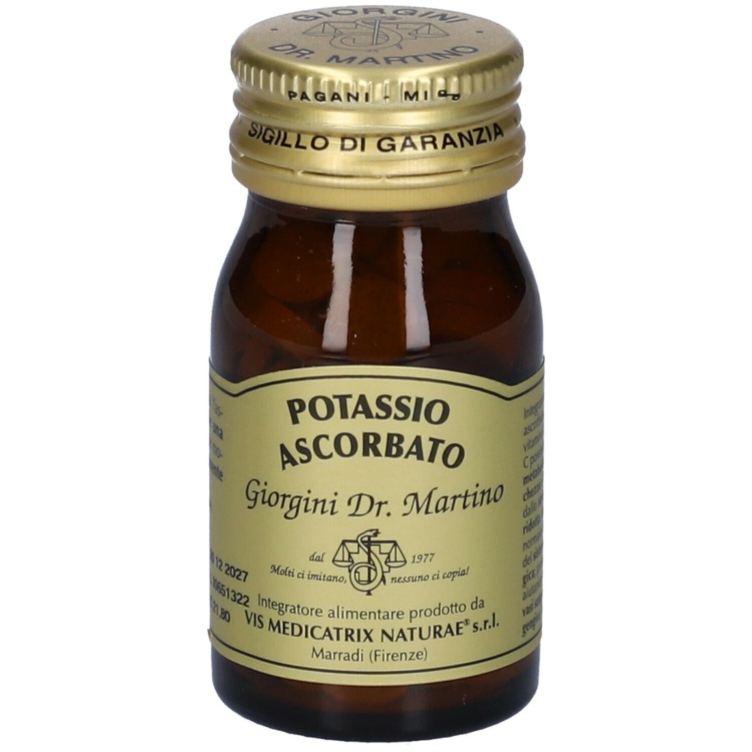 Flacone di vetro marrone con etichetta. Scritta: Potassio Ascorbato, Giorgini Dr. Martino. Tappo dorato.