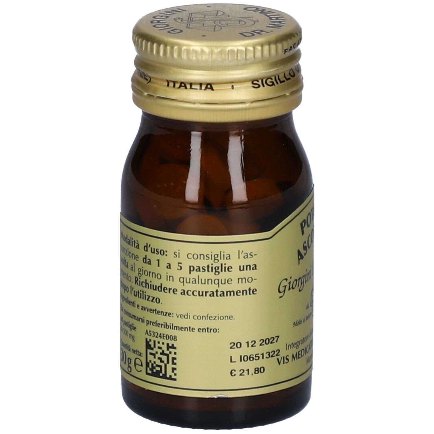 Flacone di vetro marrone con etichetta. Scritta: Potassio Ascorbato, Giorgini Dr. Martino. Contenuto visibile.