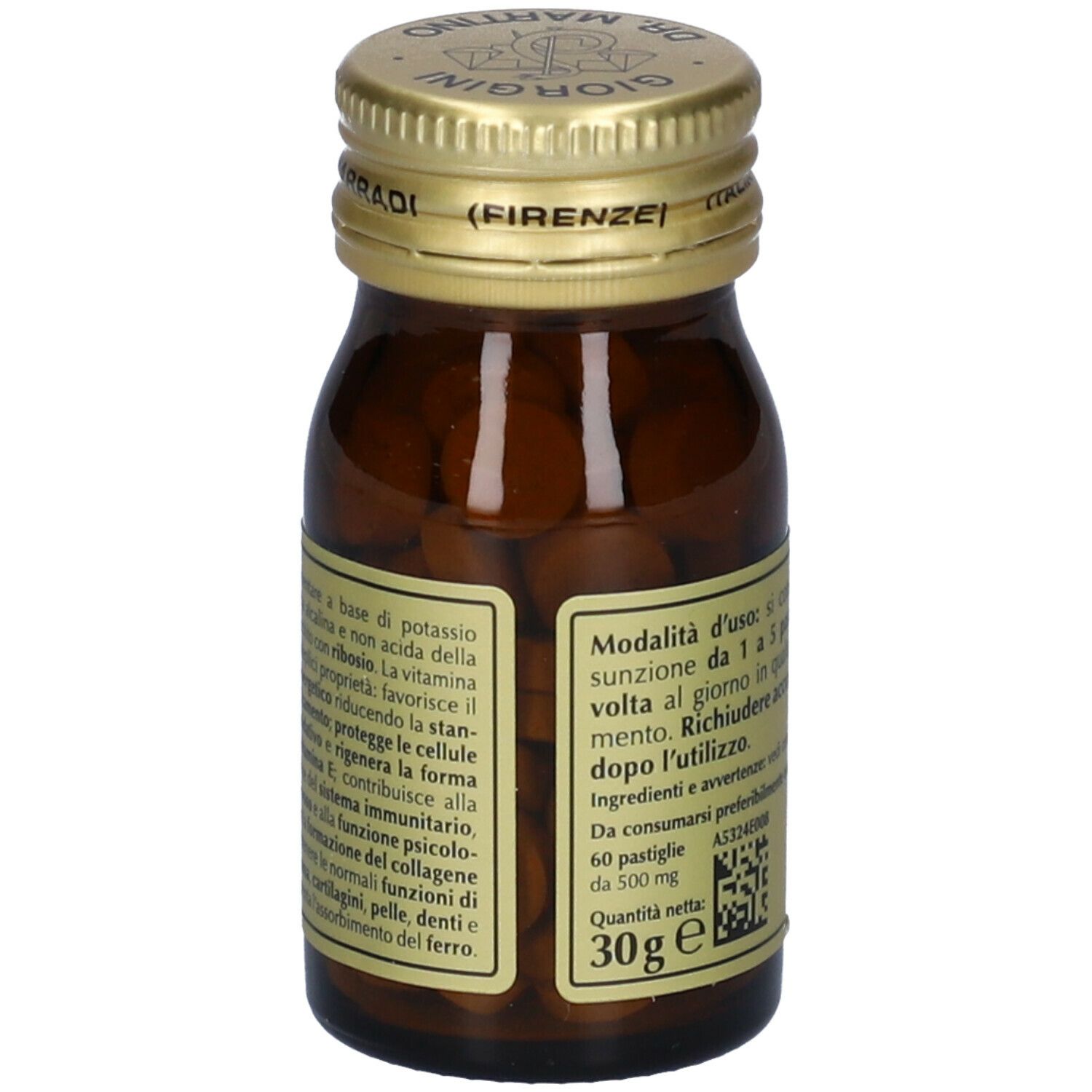Flacone di vetro marrone con etichetta. Scritta: Potassio Ascorbato, Giorgini Dr. Martino. Contenuto visibile.