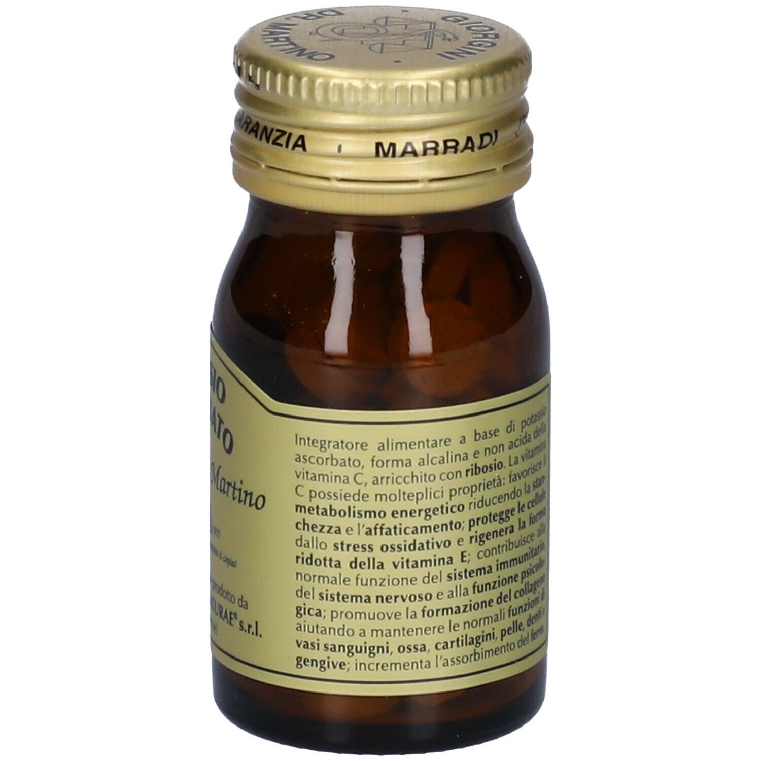 Flacone di vetro marrone con etichetta. Scritta: Potassio Ascorbato, Giorgini Dr. Martino. Contenuto visibile.