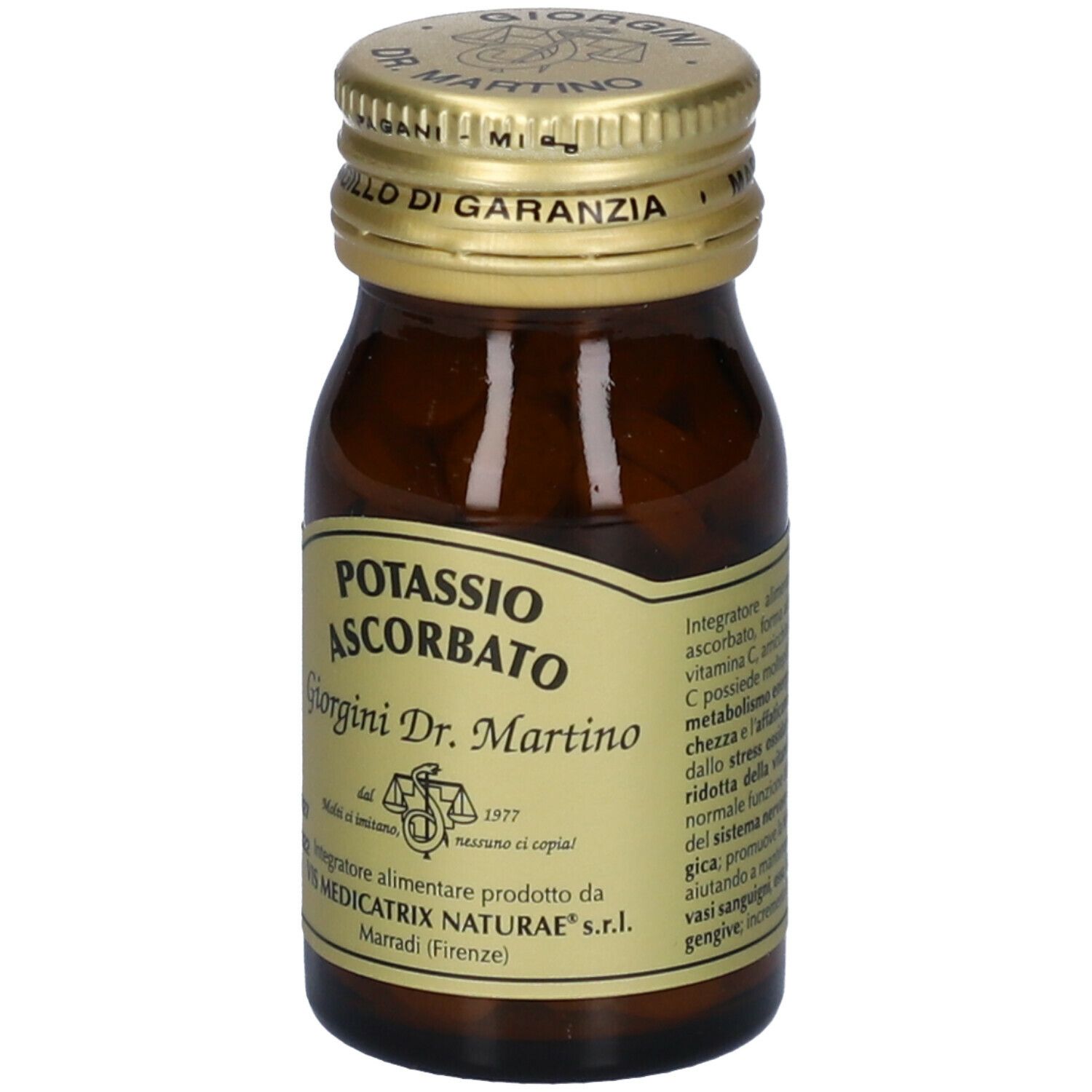 Flacone di vetro marrone con etichetta. Scritta: Potassio Ascorbato, Giorgini Dr. Martino. Contenuto visibile.