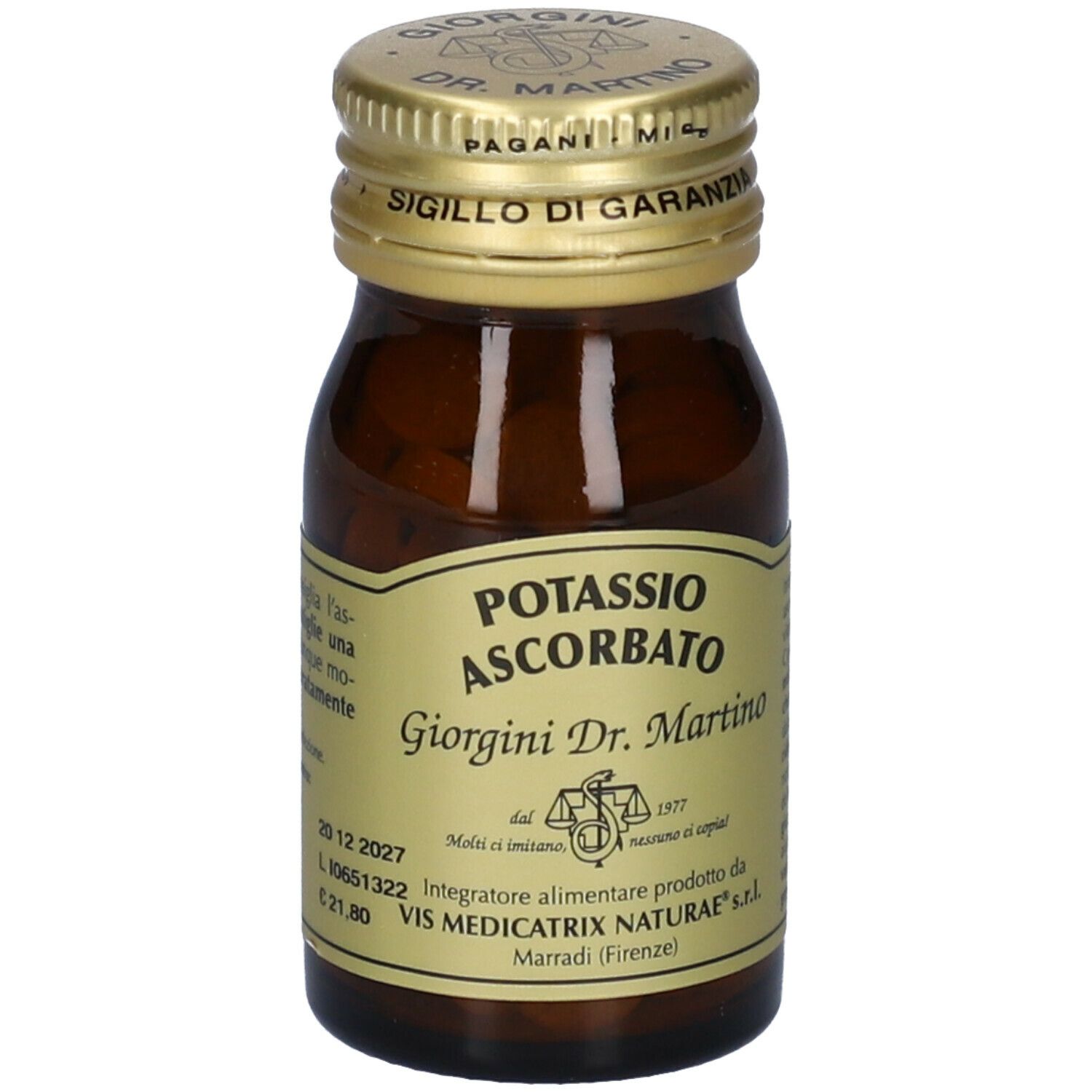 Flacone di vetro marrone con etichetta. Scritta: Potassio Ascorbato, Giorgini Dr. Martino. Contenuto visibile.