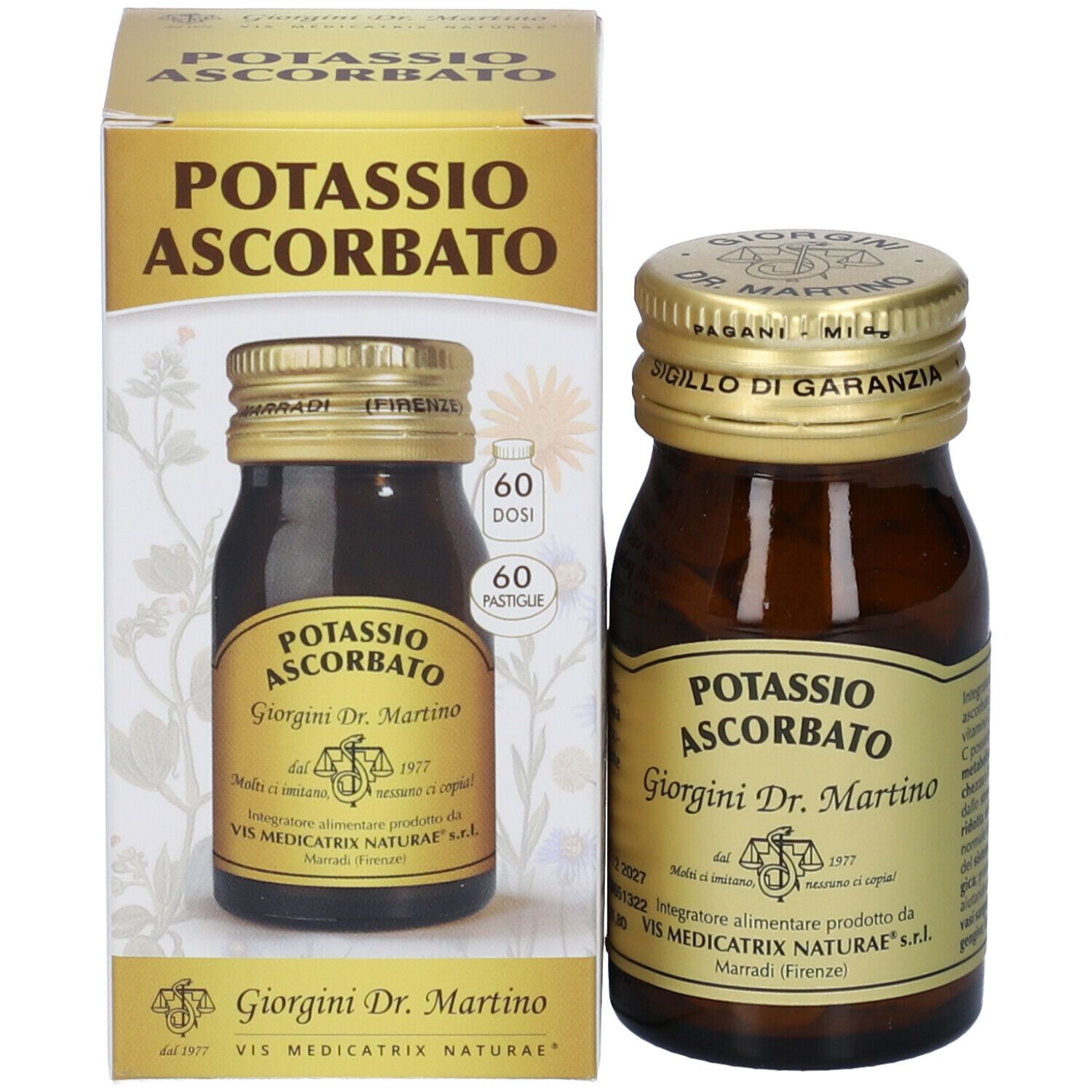 Flacone di vetro marrone con etichetta e confezione. Scritta: Potassio Ascorbato, Giorgini Dr. Martino. 60 Pastiglie.