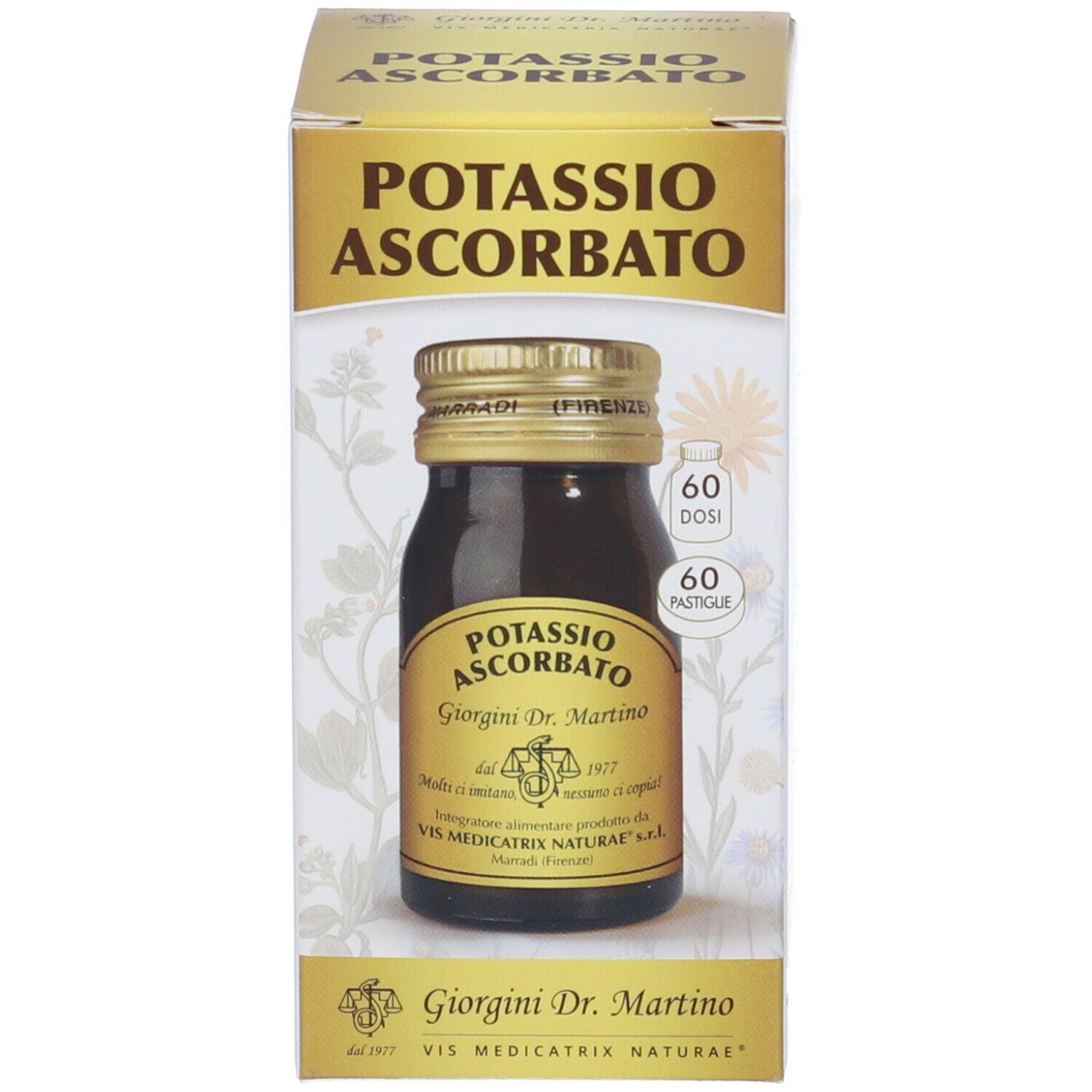 Confezione con flacone di vetro marrone. Scritta: Potassio Ascorbato, Giorgini Dr. Martino. 60 Pastiglie.
