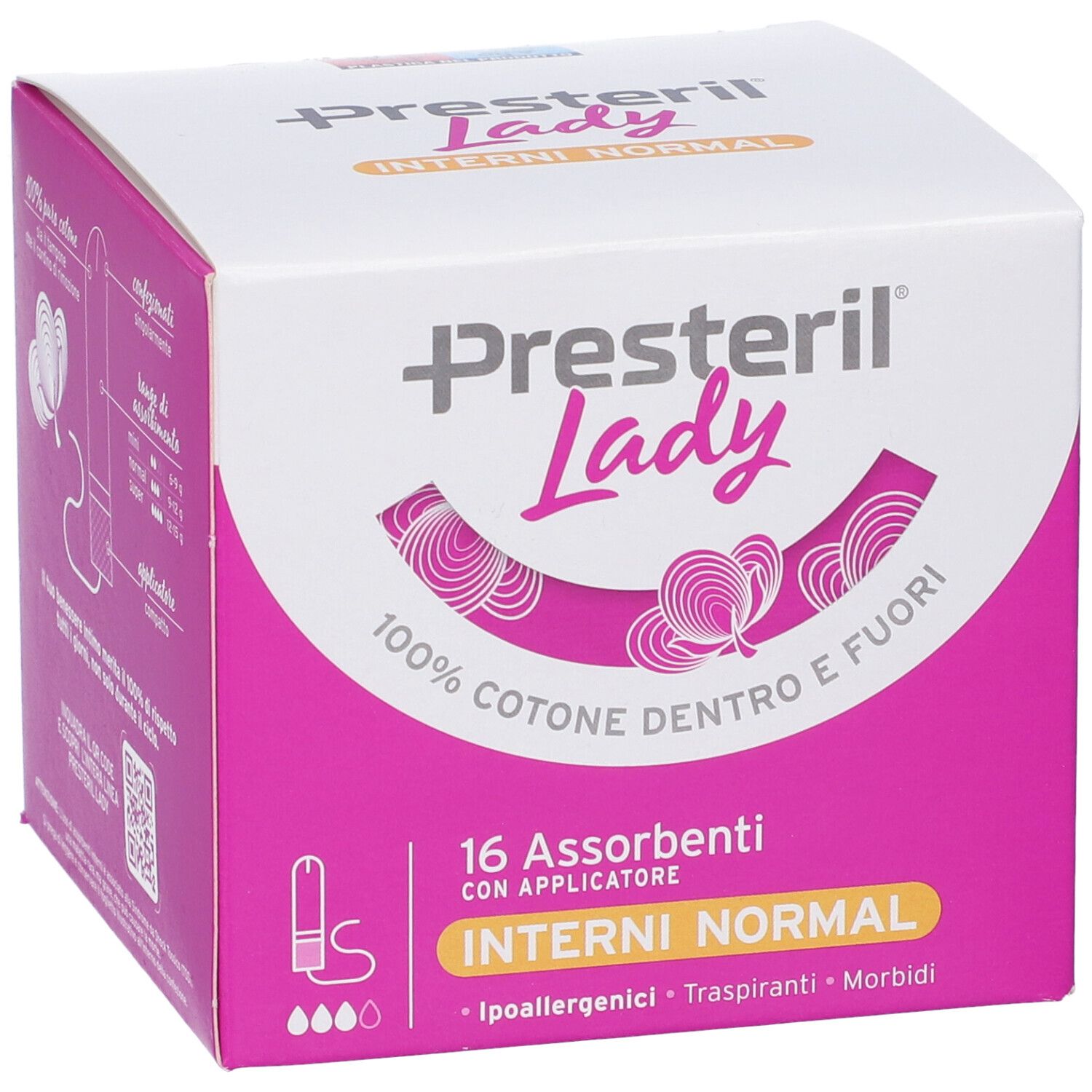 Confezione di tamponi Presteril Lady. Design rosa e bianco. Scritte: 16 Assorbenti con Applicatore Interni Normal.