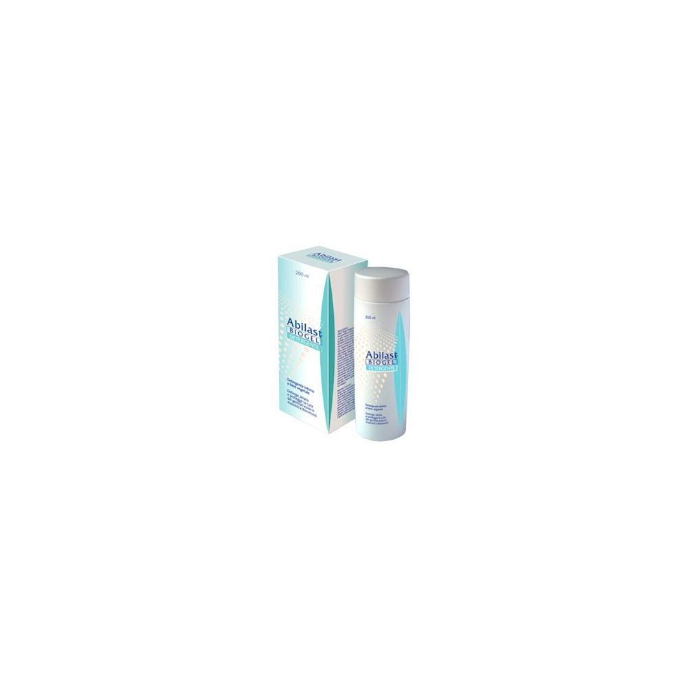 Flacone e confezione di Abilast Biogel. Flacone bianco con etichetta blu. Scatola con informazioni sul prodotto.