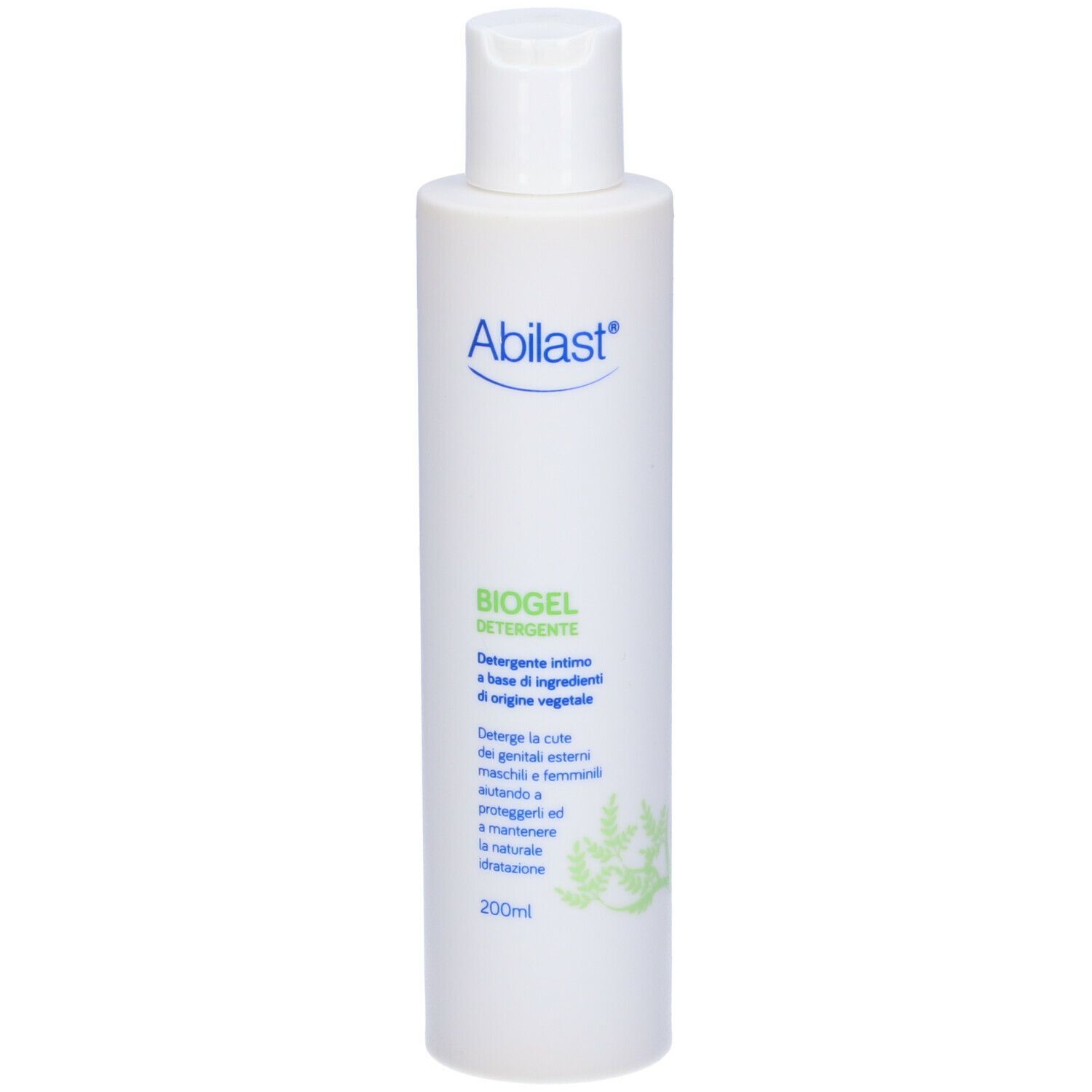 Flacone Abilast Biogel. Flacone bianco con tappo bianco ed etichetta blu. Testo: Biogel Detergente.