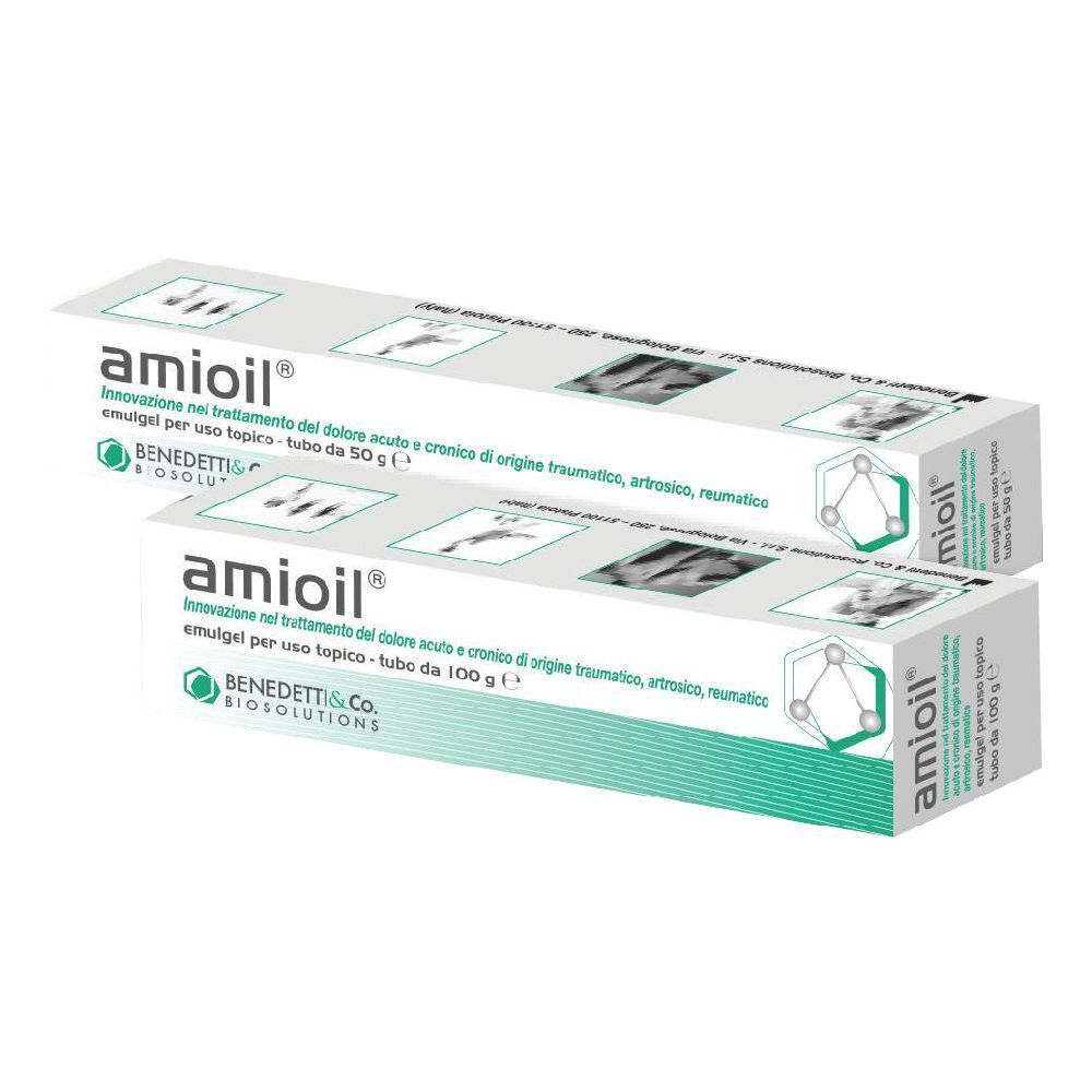 Due scatole bianche con dettagli verdi. Scritto: amioil, emulgel per uso topico.