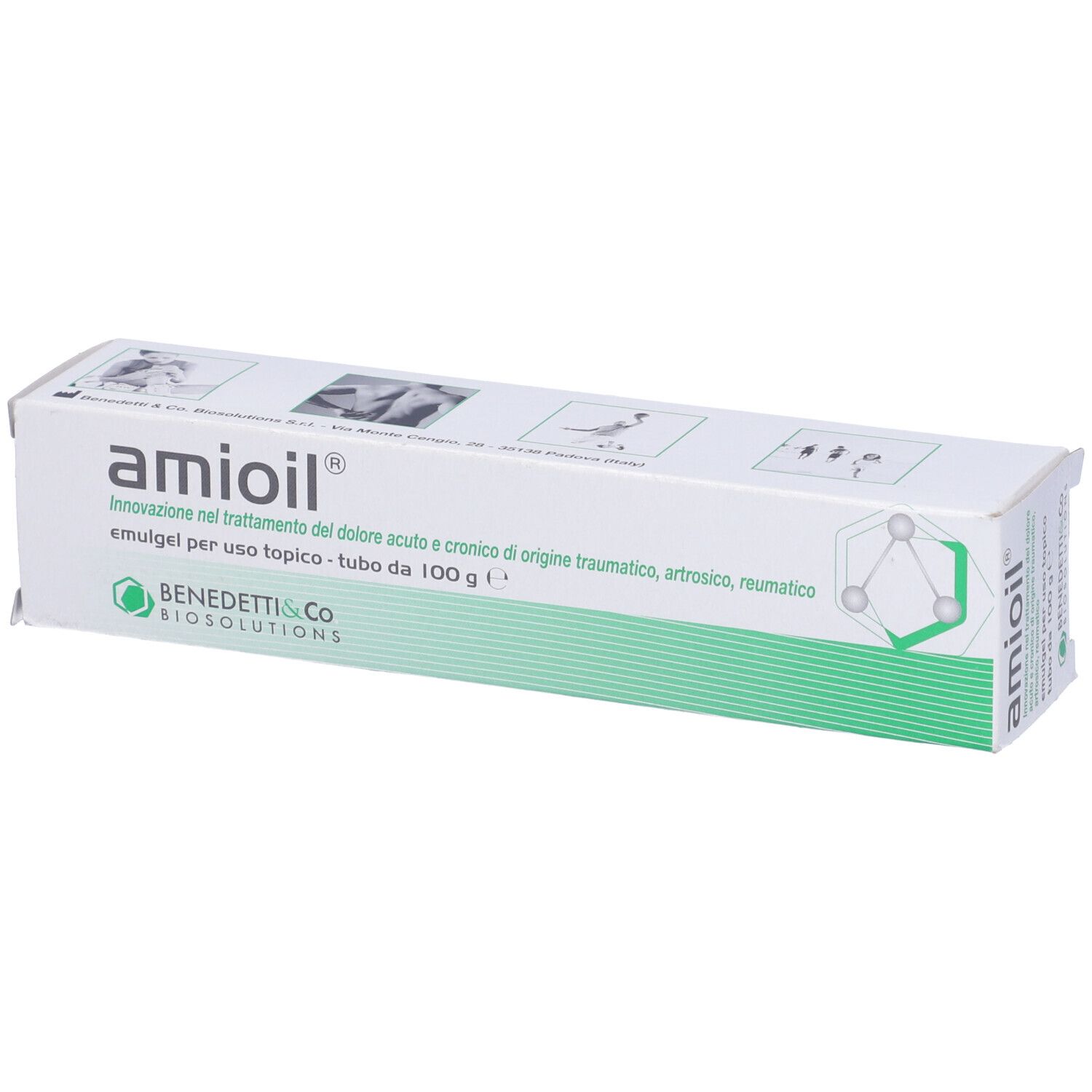Scatola bianca con dettaglio verde. Scritto: amioil, emulgel per uso topico.