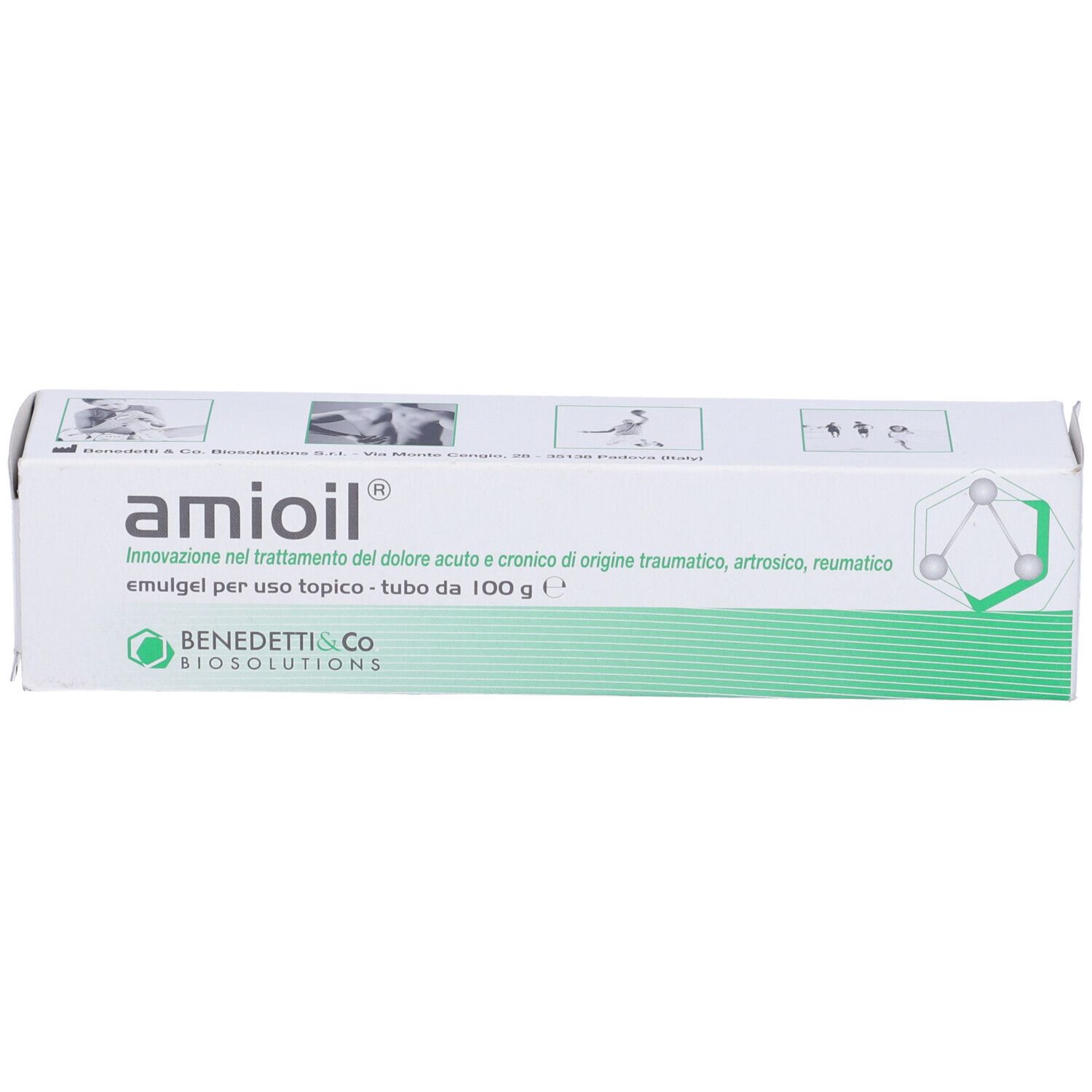 Scatola bianca. Scritto: amioil, emulgel per uso topico. Verde.
