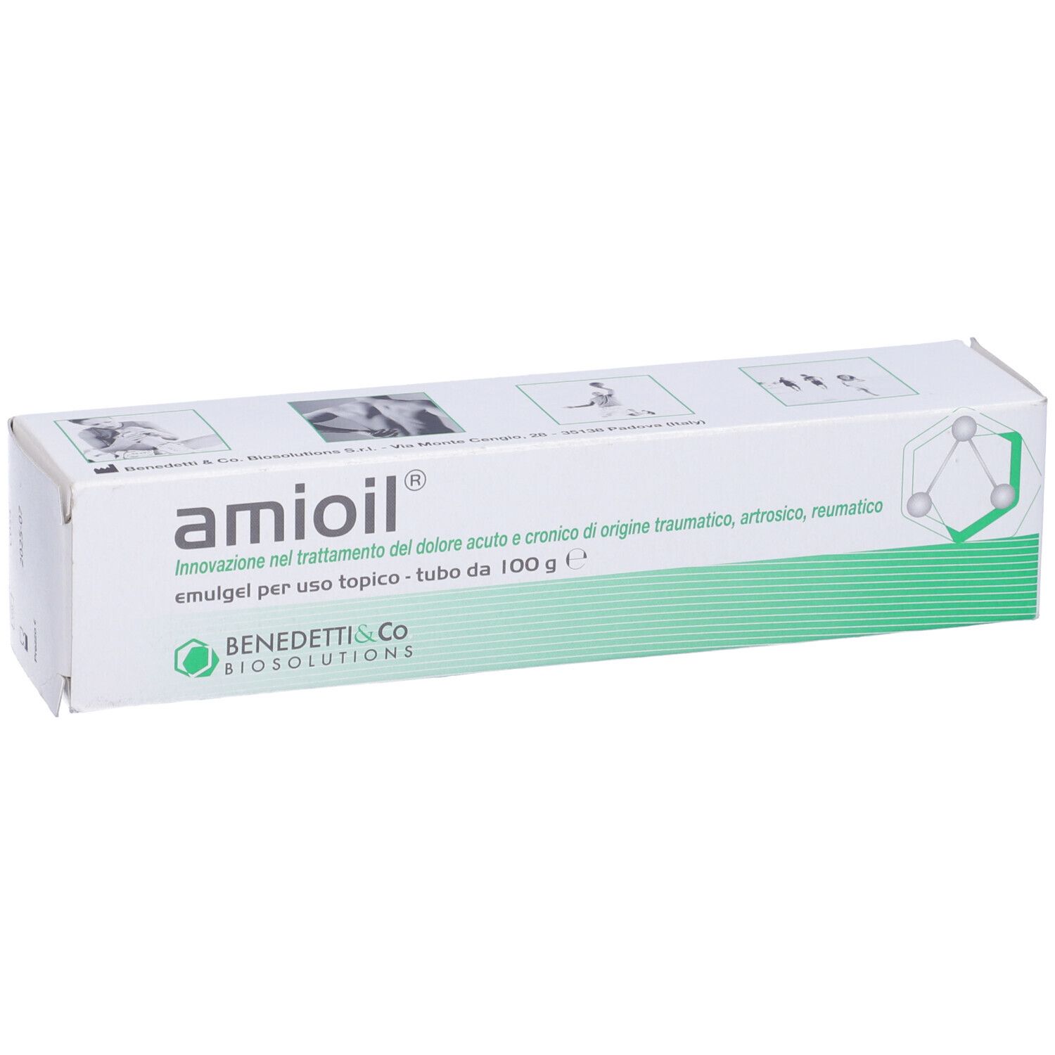 Scatola bianca. Scritto: amioil, emulgel per uso topico. Verde.