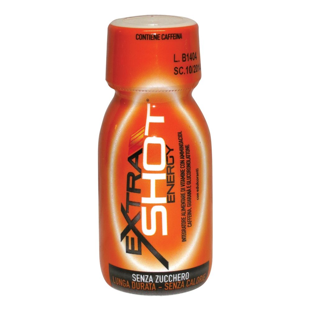 Bottiglia arancione con tappo bianco. Scritta: Extra Shot Energy. Contiene caffeina. Senza zucchero.
